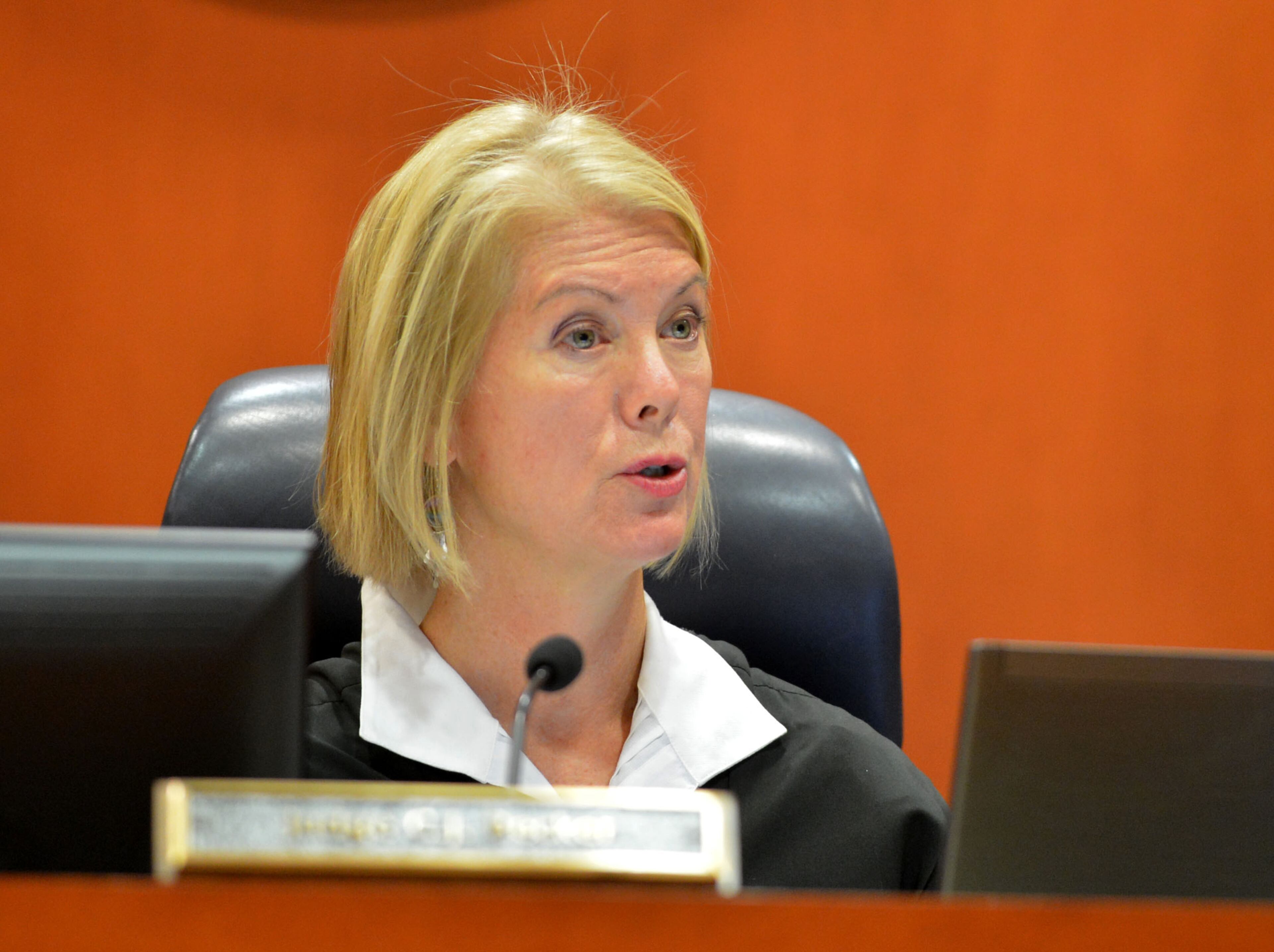 Juror No. 78, Georgette Prater (not shown), is questioned by Judge Cynthia Becker after questions arose Wednesday about jury deliberations. Prater was dismissed from the jury after a note was sent regarding a possible conflict of interest.