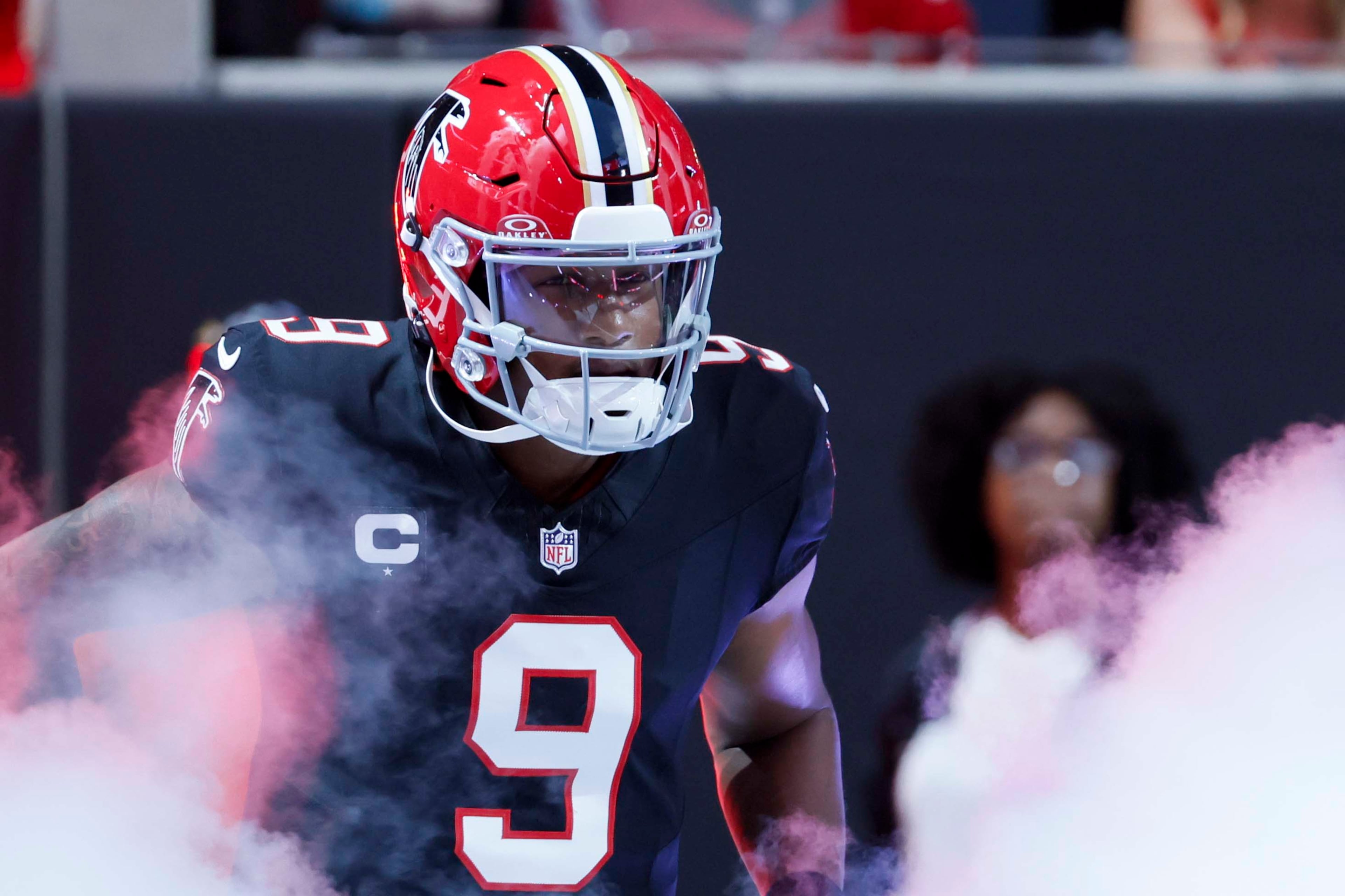 Atlanta Falcons quarterback Michael Penix Jr. (9) takes the field just before the game against the Buffalo Bills at Mercedes-Benz Stadium in Atlanta on Monday, October 13, 2025. (Miguel Martinez/ AJC)