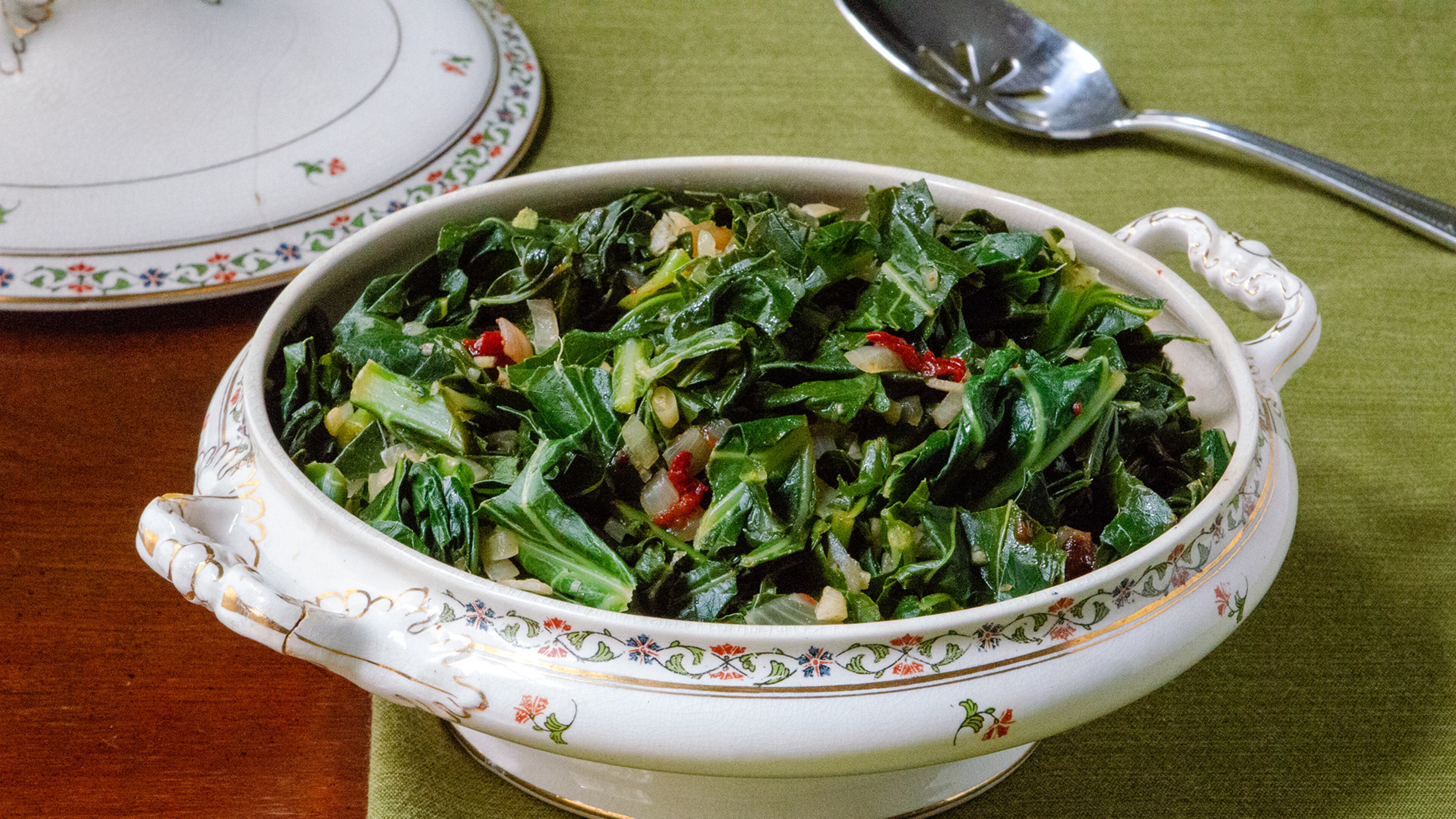 Vegan Smoky Collard Greens with Chipotle - Smoky, spicy chipotle peppers with collard greens.
(Virginia Willis for The Atlanta Journal-Constitution)