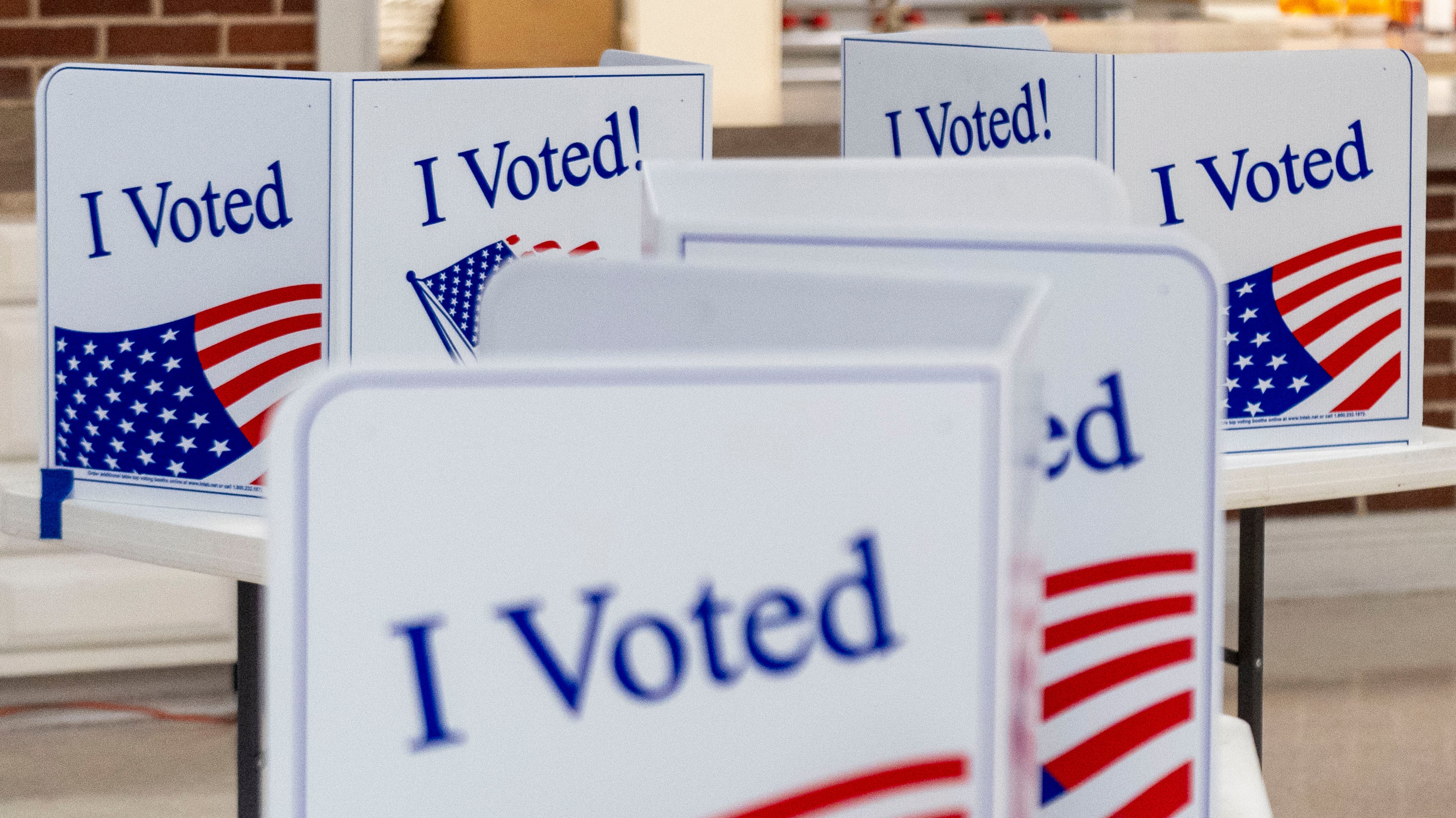 FILE - Privacy booths are seen on the morning of the South Carolina Republican primary election at a church in Cayce, S.C., Feb. 24, 2024. (AP Photo/Andrew Harnik, File)