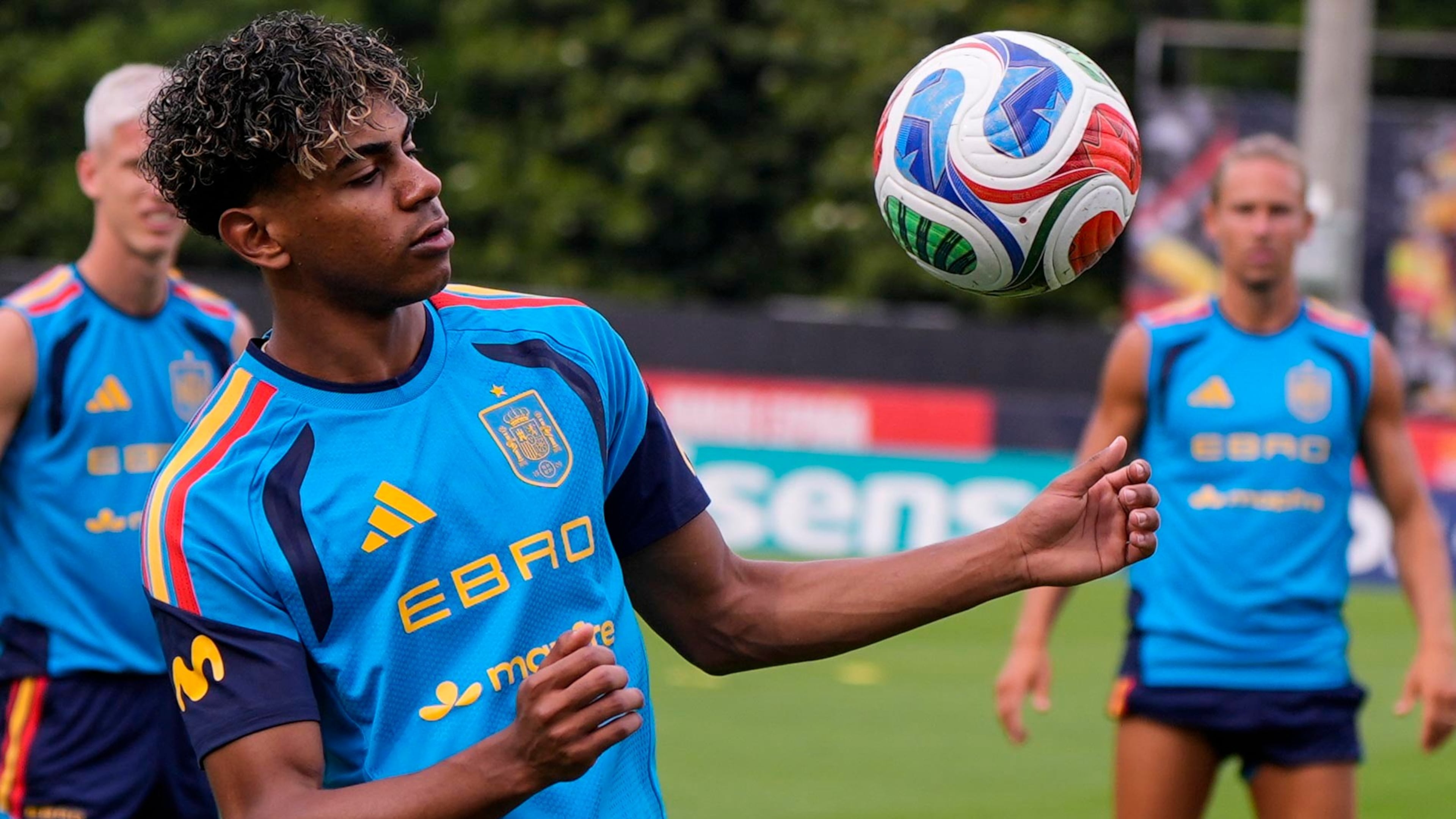 Spain's Lamine Yamal works out during a training session, Saturday, June 6, 2026, in Chattanooga, Tenn., ahead of the World Cup soccer tournament. (Mike Stewart/AP)