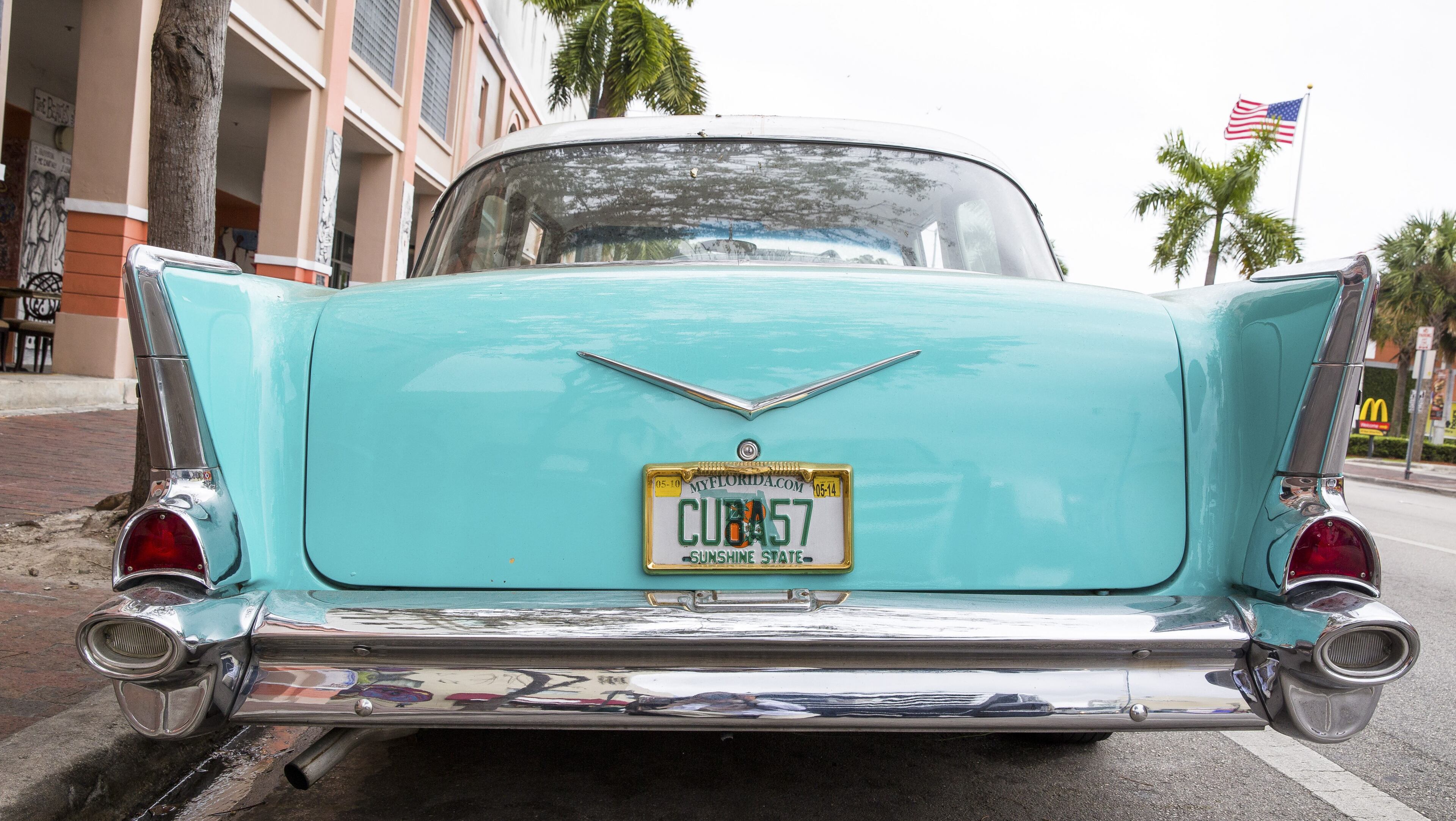 A vintage Chevrolet parked outside the Cubaocho Museum and Performing Arts Center on Calle Ocho, the heart of Miami’s Little Havana neighborhood. Cubaocho is the linchpin of the arts renaissance now flourishing in Little Havana; its president, Roberto Ramos, owns the 1957 Chevy. (Hunter McRae/The New York Times)