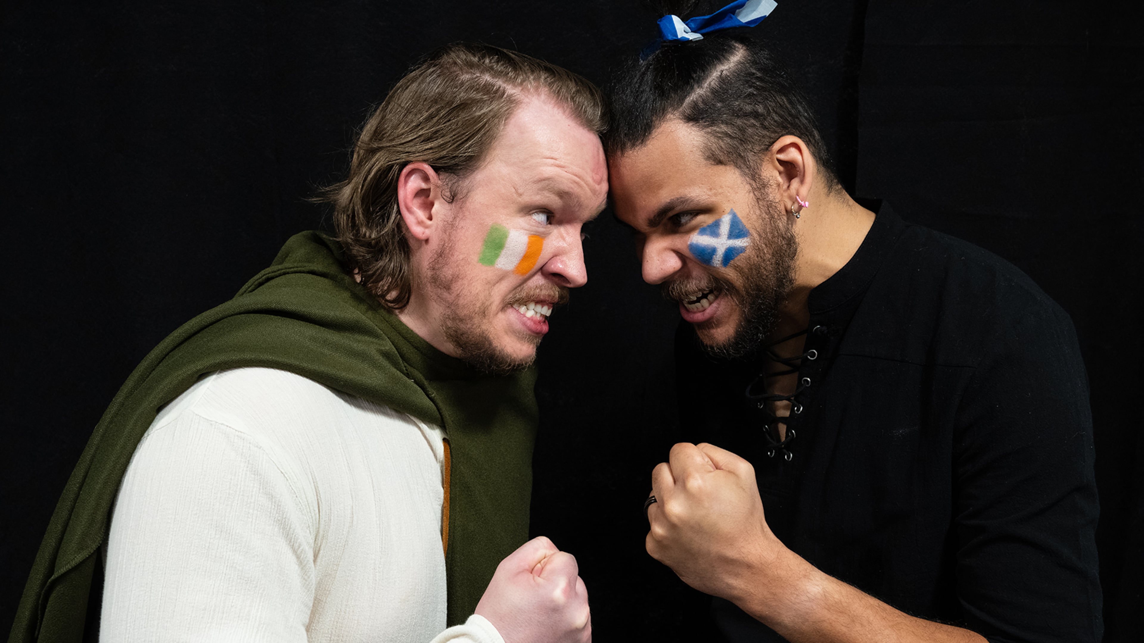 From left to right, Irish giant Finn McCool (Zac Phelps) and Scottish giant Bendandonner (Jordan Mitchell) in Aris Theatre's "The Legend of Finn McCool."