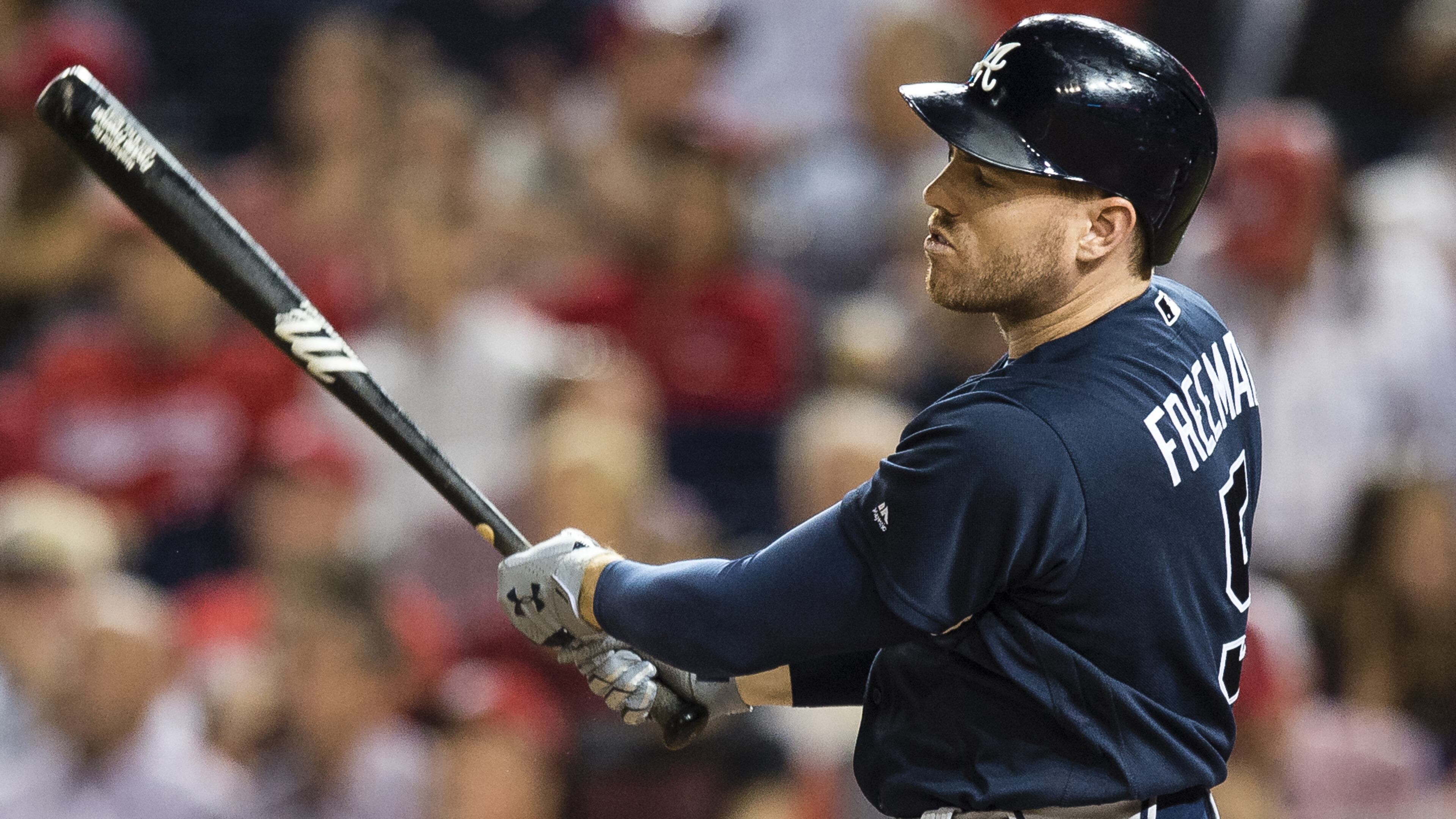 Braves' Freddie Freeman hits a three-run home run in the third inning against the Washington Nationals at Nationals Park Sept. 12, 2017 in Washington, D.C.