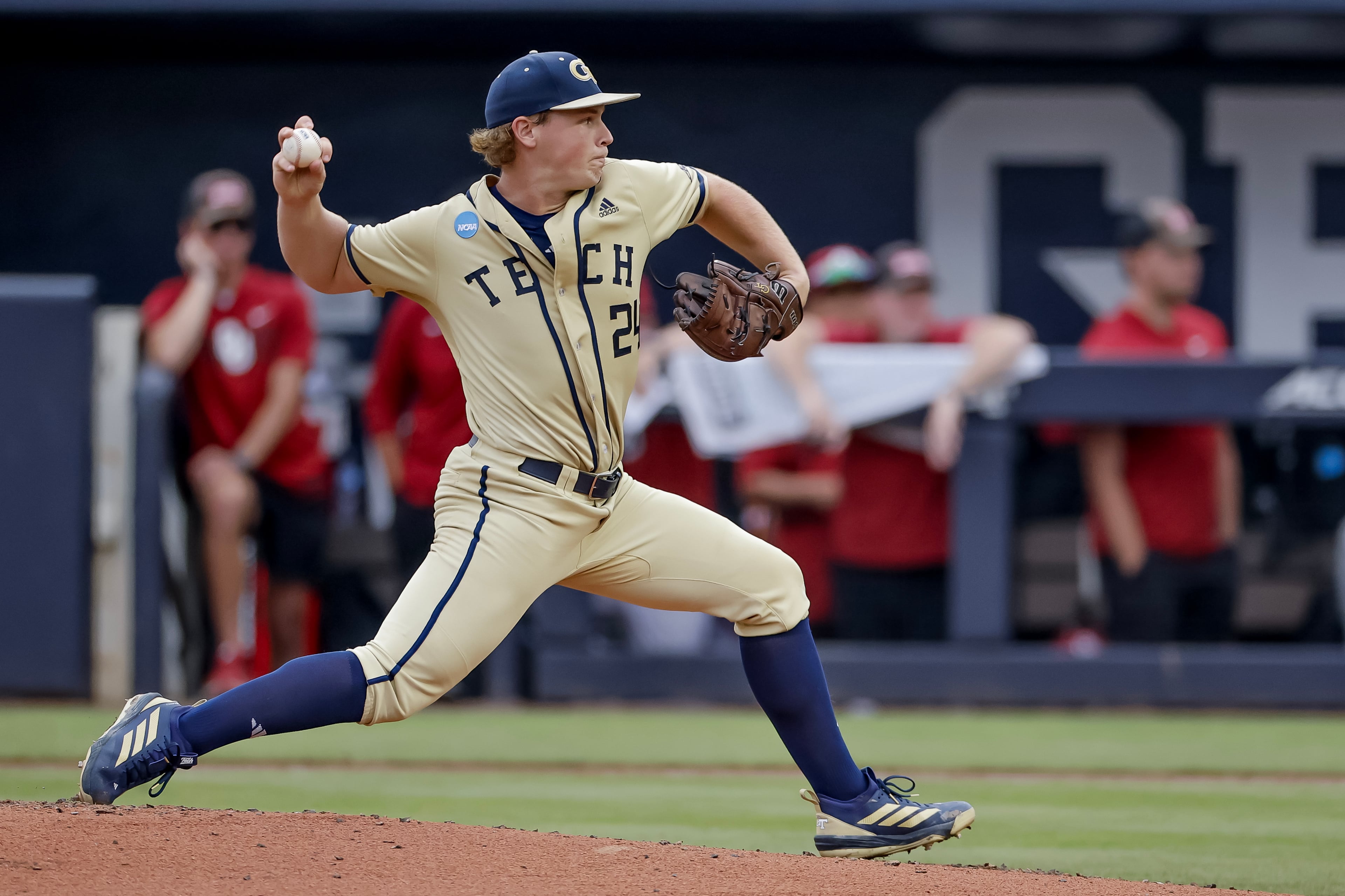 Georgia Tech pitcher Jackson Blakely (24) delivers to an Oklahoma batter during the second inning of the Atlanta Regional game at Russ Chandler Stadium, Sunday, May 31, 2026, in Atlanta. (Erik S. Lesser for the AJC)