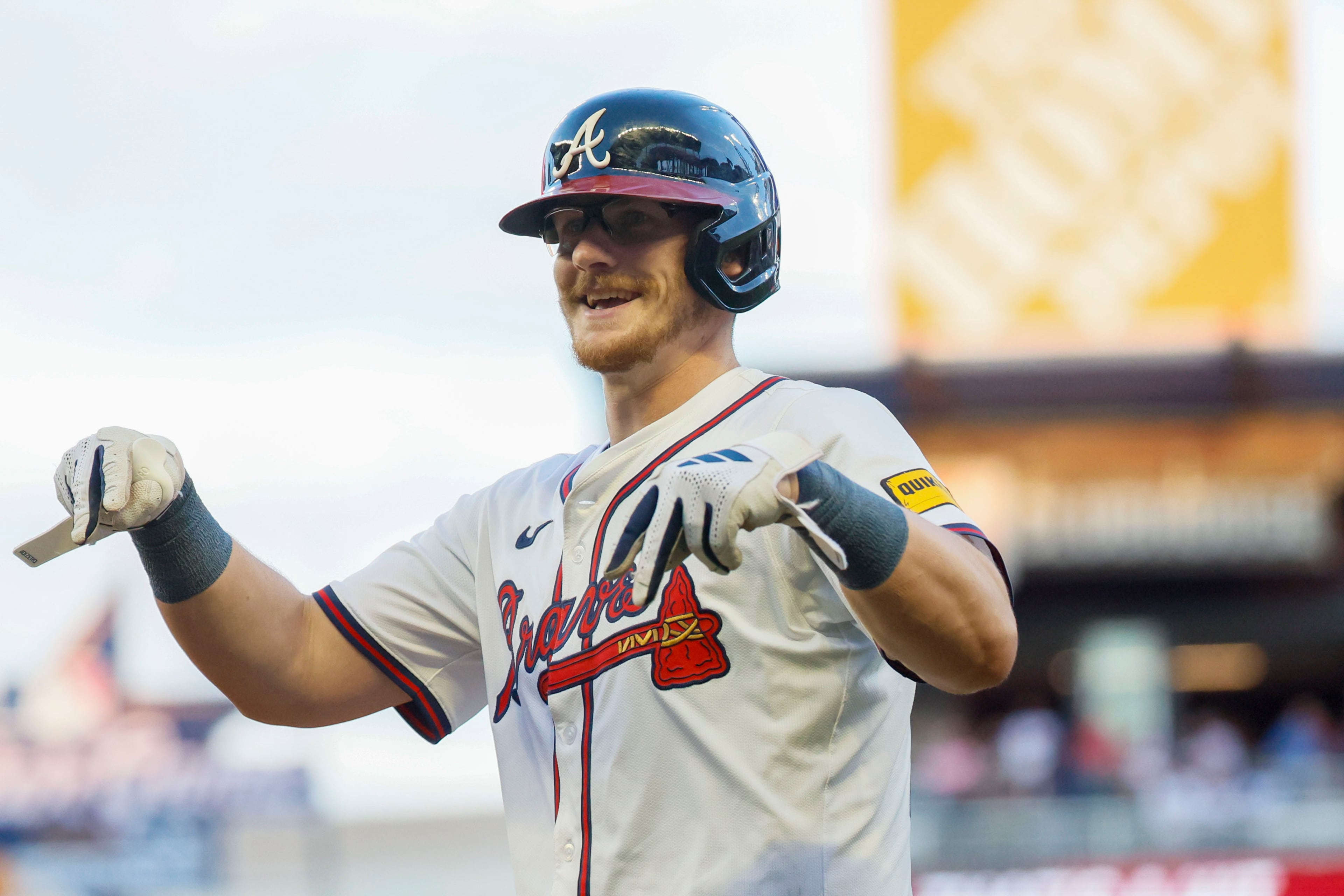 Atlanta Braves catcher Sean Murphy (12) reacts after a single during the third inning against the Washington Nationals on Monday, May 12, 2025, in Atlanta.
(Miguel Martinez/ AJC)