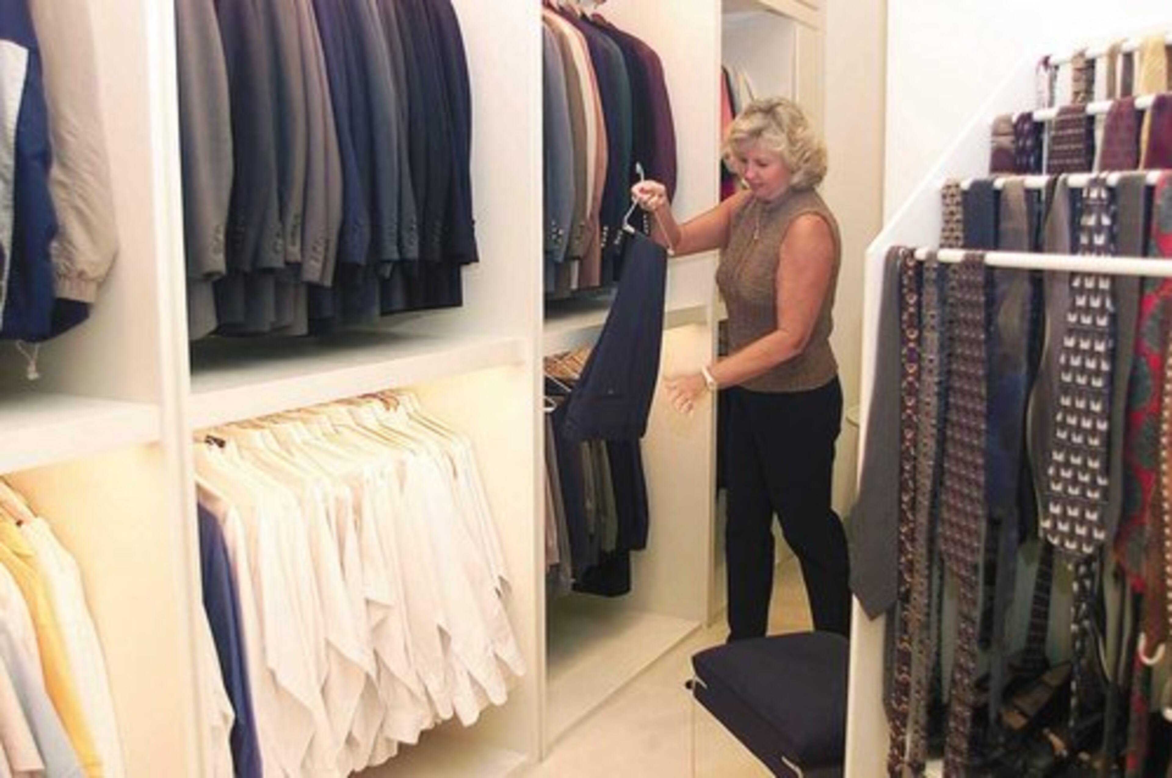 Men, on the other hand, need more space for accessories like belts and ties, Gilbert said. If there is a single hanging area, it can be small. Most of men's clothes can hang on stacked rods. A hamper where men can store shirts and dry cleaning items for handy transport is a good idea. Men need three to five drawers, Gilbert said, and storage for 12 to 18 pairs of shoes.