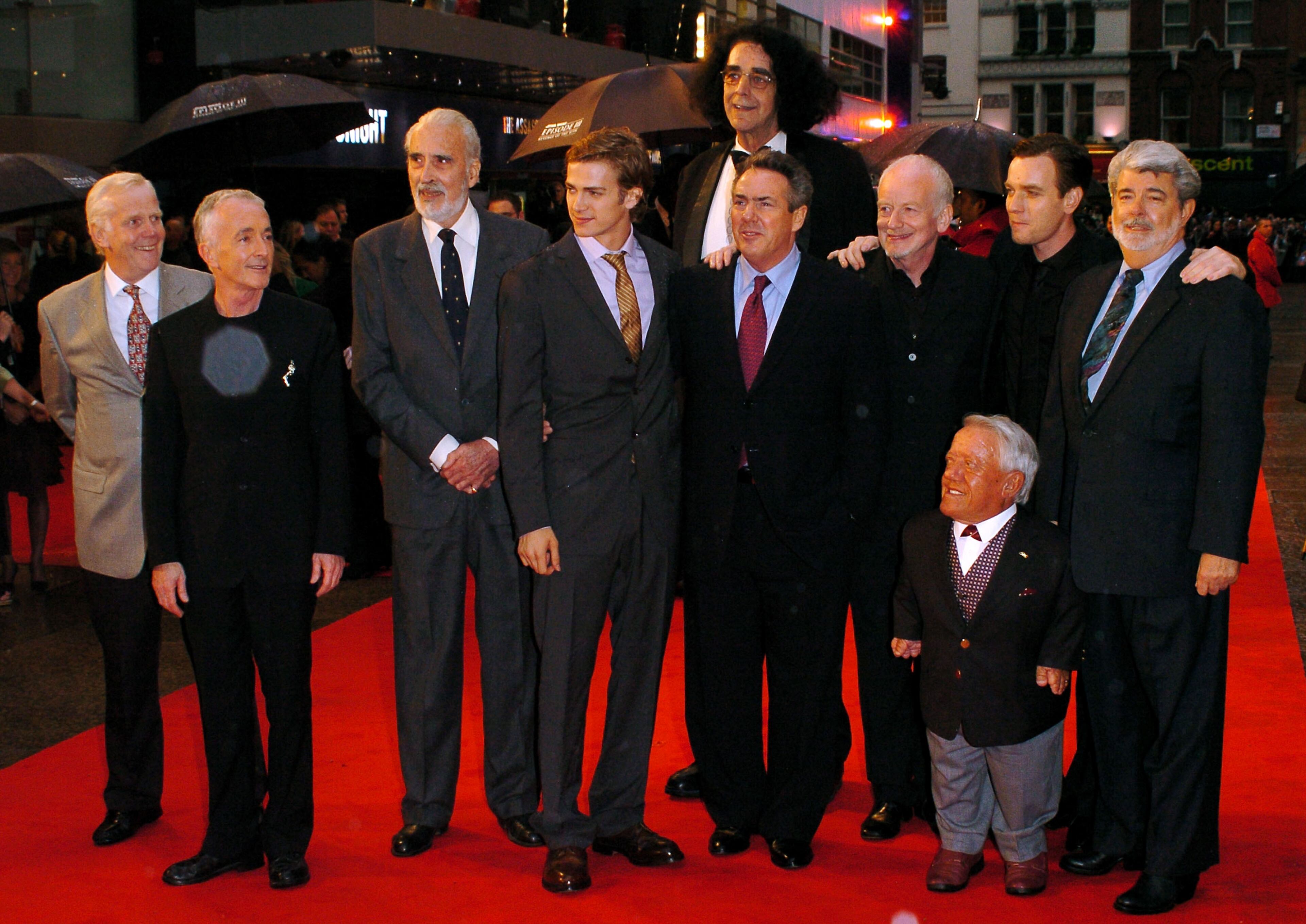 George Lucas, Ewan Mcgregor, Kenny Baker, Ian Mcdiarmid, Rick McCallum, Peter Mayhew, Hayden Christensen, Christopher Lee and Anthony Daniels attend UK premiere of "Star Wars Episode III: Revenge Of The Sith" at Odeon Leicester Square on May 16, 2005 in London. Baker, Mayhew and Daniels were among the returning cast of 'Star Wars: Episode VII' announced Tuesday, April 29, 2014.
