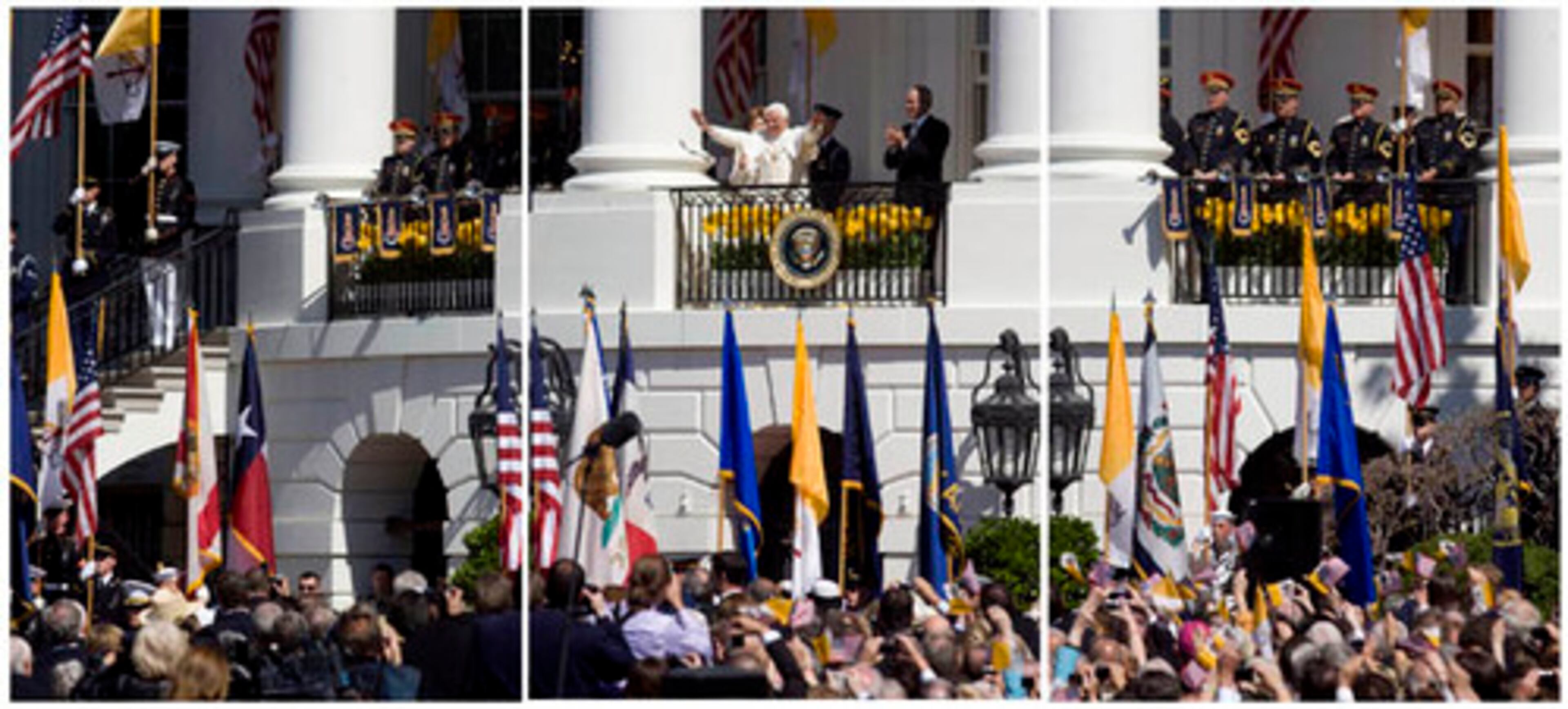 A combo of three photos offering a panoramic view of President Bush with Pope Benedict XVI during welcoming ceremonies at the White House, Wednesday, April 16, 2007. Bush welcomed the pontiff offering assurances that the United States is a nation of prayer and that its people are open to his message of hope.