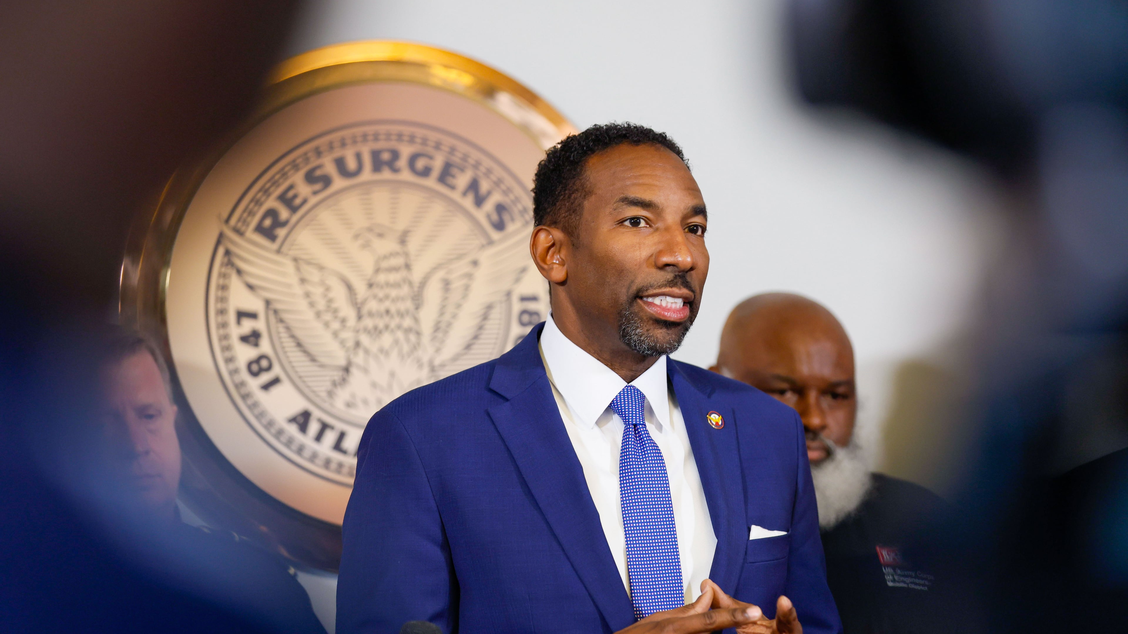 Atlanta Mayor Andre Dickens speaks to press members on Wednesday, June 5, 2024, to inform the public and the media that Atlanta’s water service has been fully restored. This announcement comes after the city endured five days of disruptions due to multiple water main breaks.
(Miguel Martinez / AJC)
