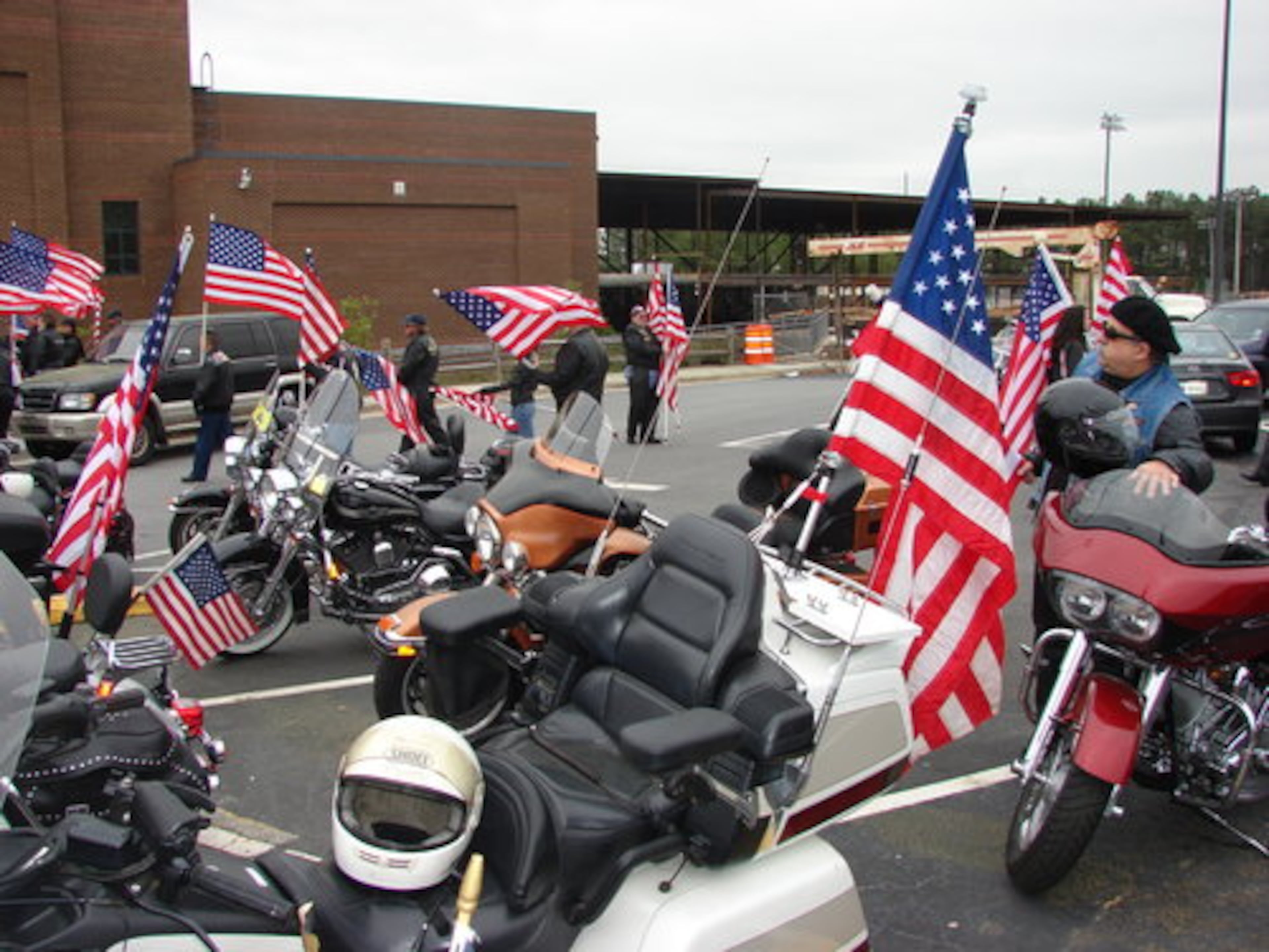 Nearly 300 members of the Patriot Guard, American Legion riders and the Stone Mountain Harley-Davidson group were on hand. They held flags outside and inside the auditorium.