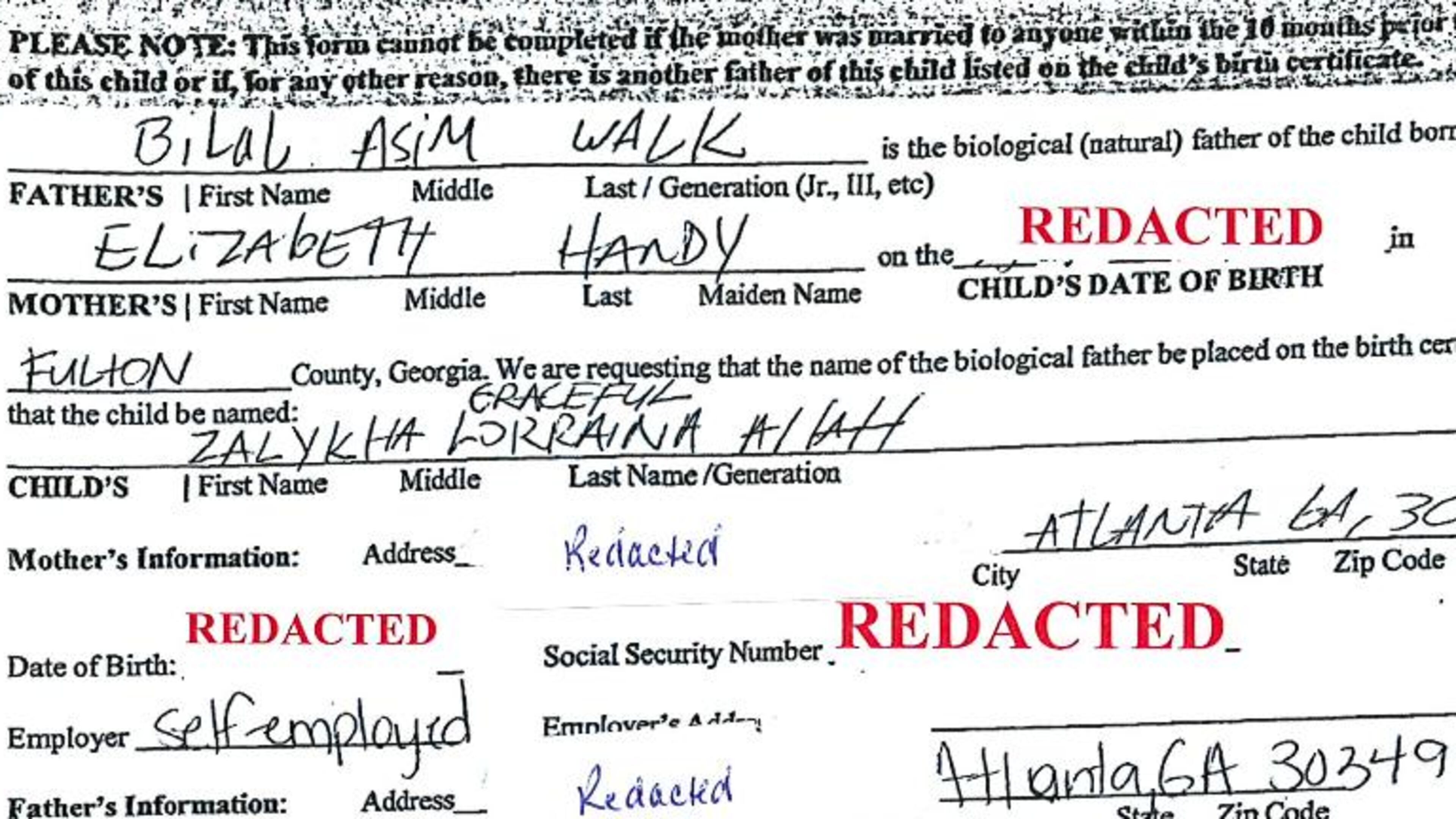 The ACLU of Georgia filed suit on behalf of parents Elizabeth Handy and Bilal Walk, who were denied when they tried to name their daughter SalyKha Graceful Lorraina Allah. This redacted copy of the birth certificate application was Exhibit A in the lawsuit. (Fulton County Superior Court)