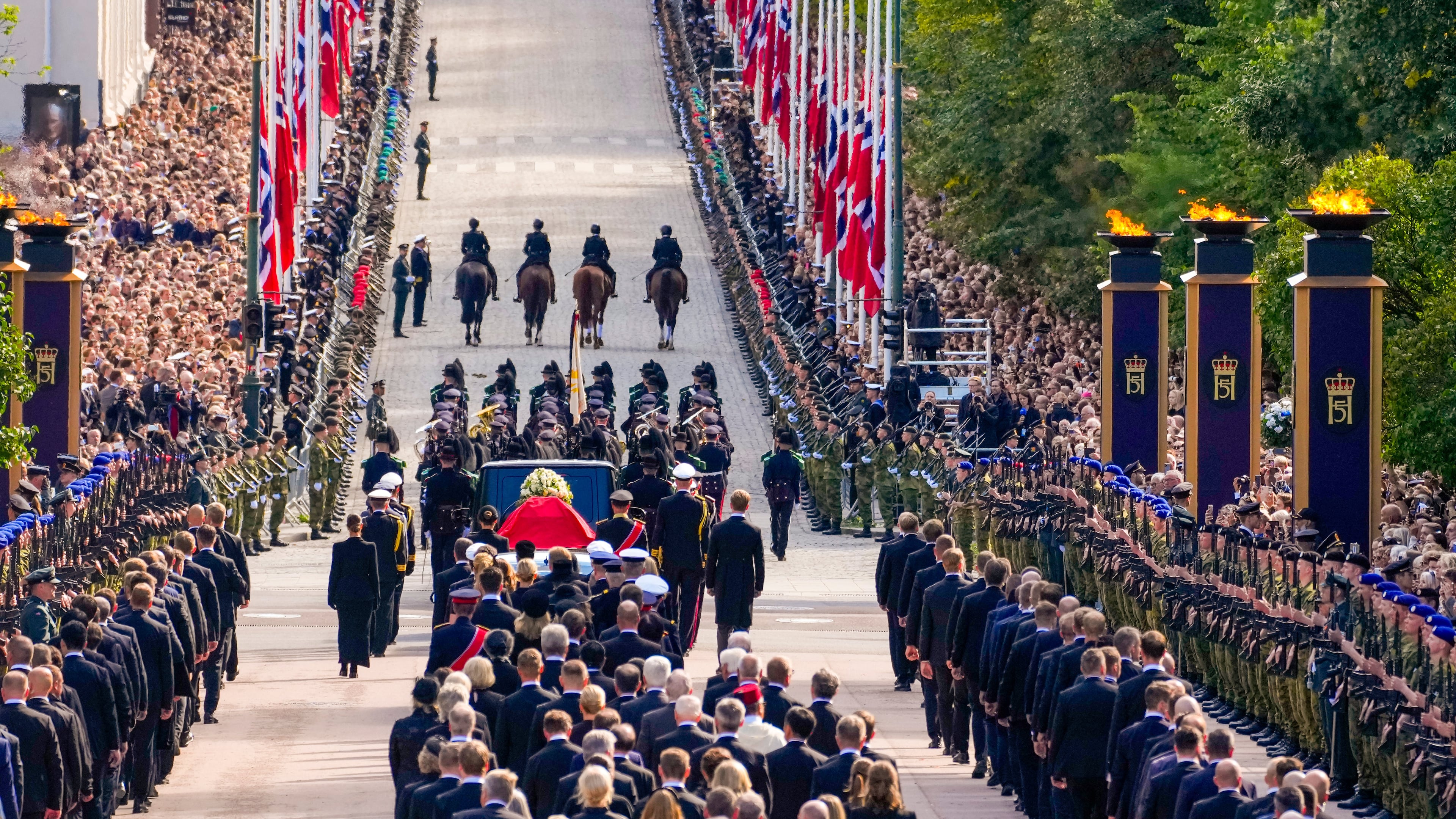 The coffin of Norway’s King Harald V is carried from the Royal Palace to Oslo Cathedral during a funeral procession in Oslo, Norway, Wednesday, Sept. 9, 2026. (Ole Berg-Rusten Name/NTB via AP, Pool)