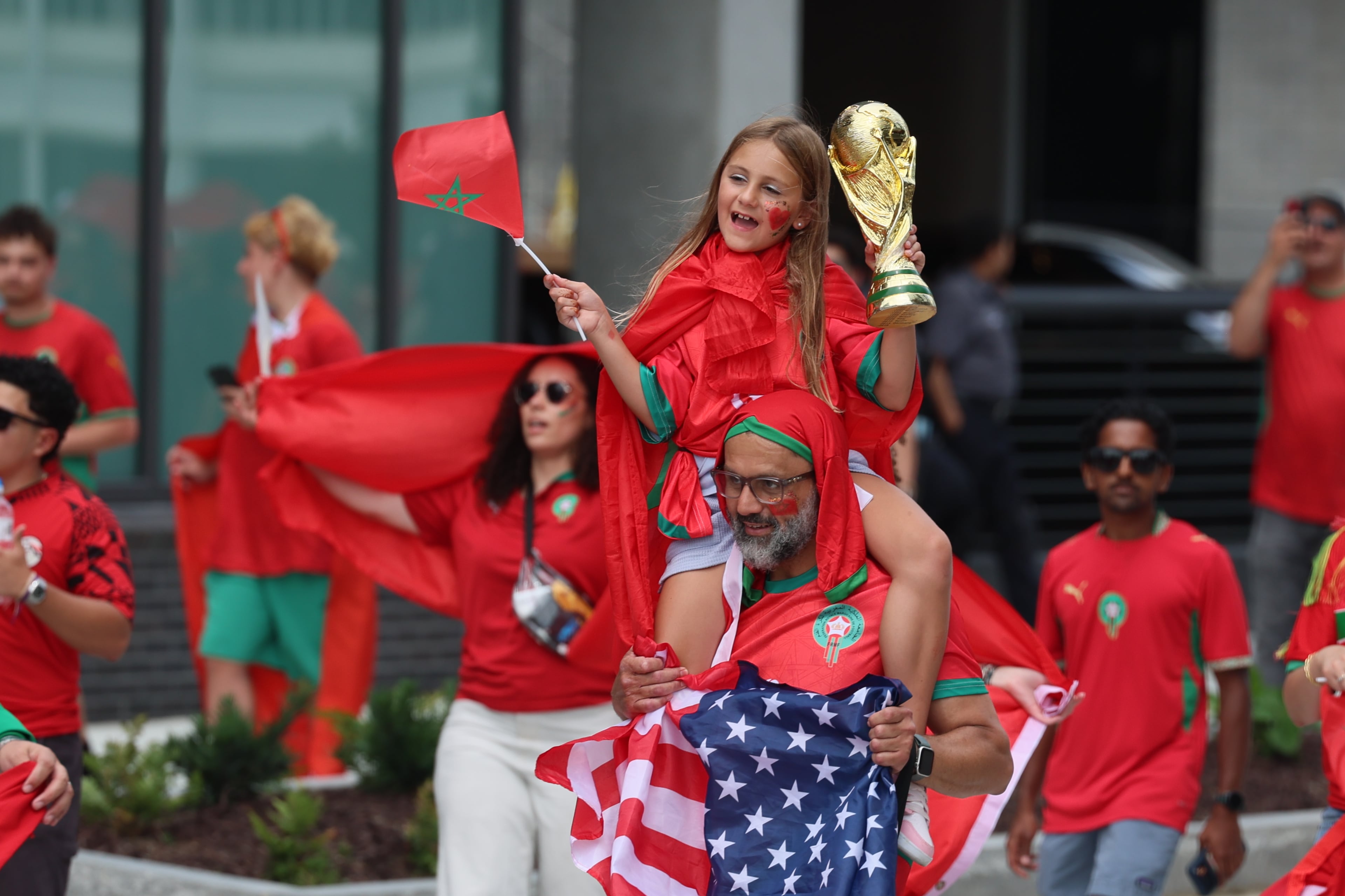 Fans of Morocco march from Founders Green on Broad Street to Atlanta Stadium (Mercedes-Benz Stadium) before the start of the Morocco vs. Haiti Group C match on Wednesday, June 24, 2026. (Jason Getz/AJC)