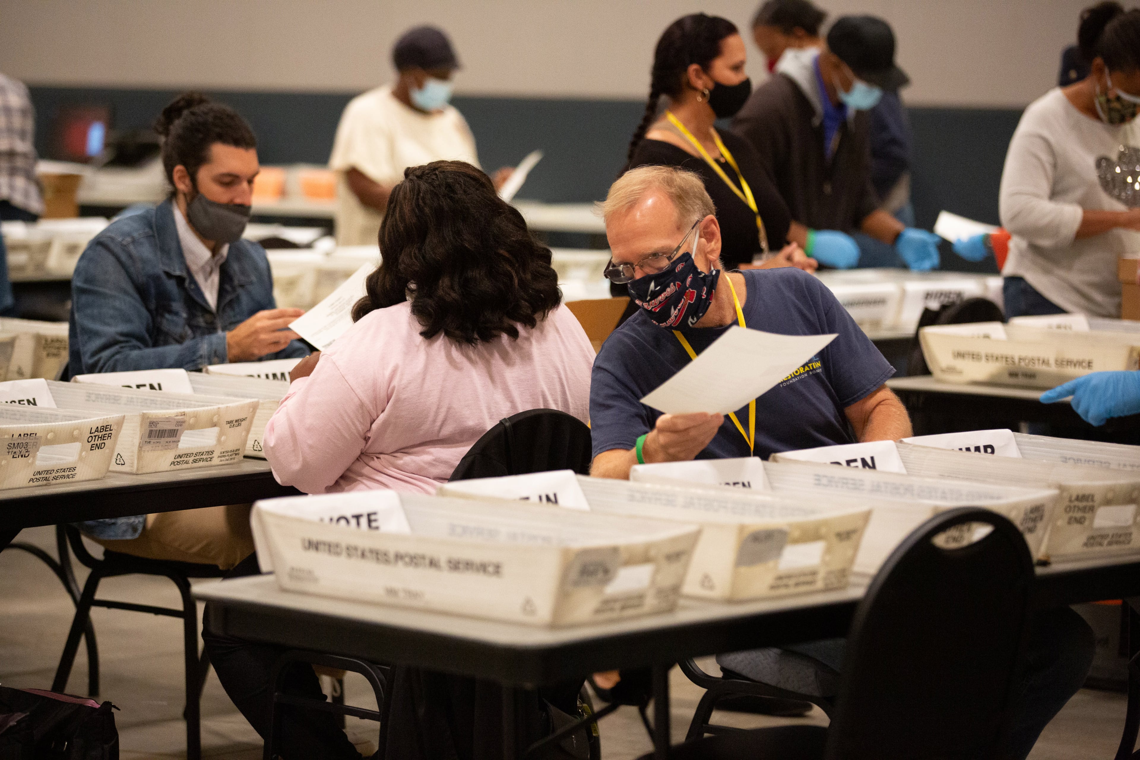 Cobb County election staff start the hand recount of the presidential ballots Friday at the Jim Miller Park Event Center in Marietta on November 13, 2020. STEVE SCHAEFER / SPECIAL TO THE AJC