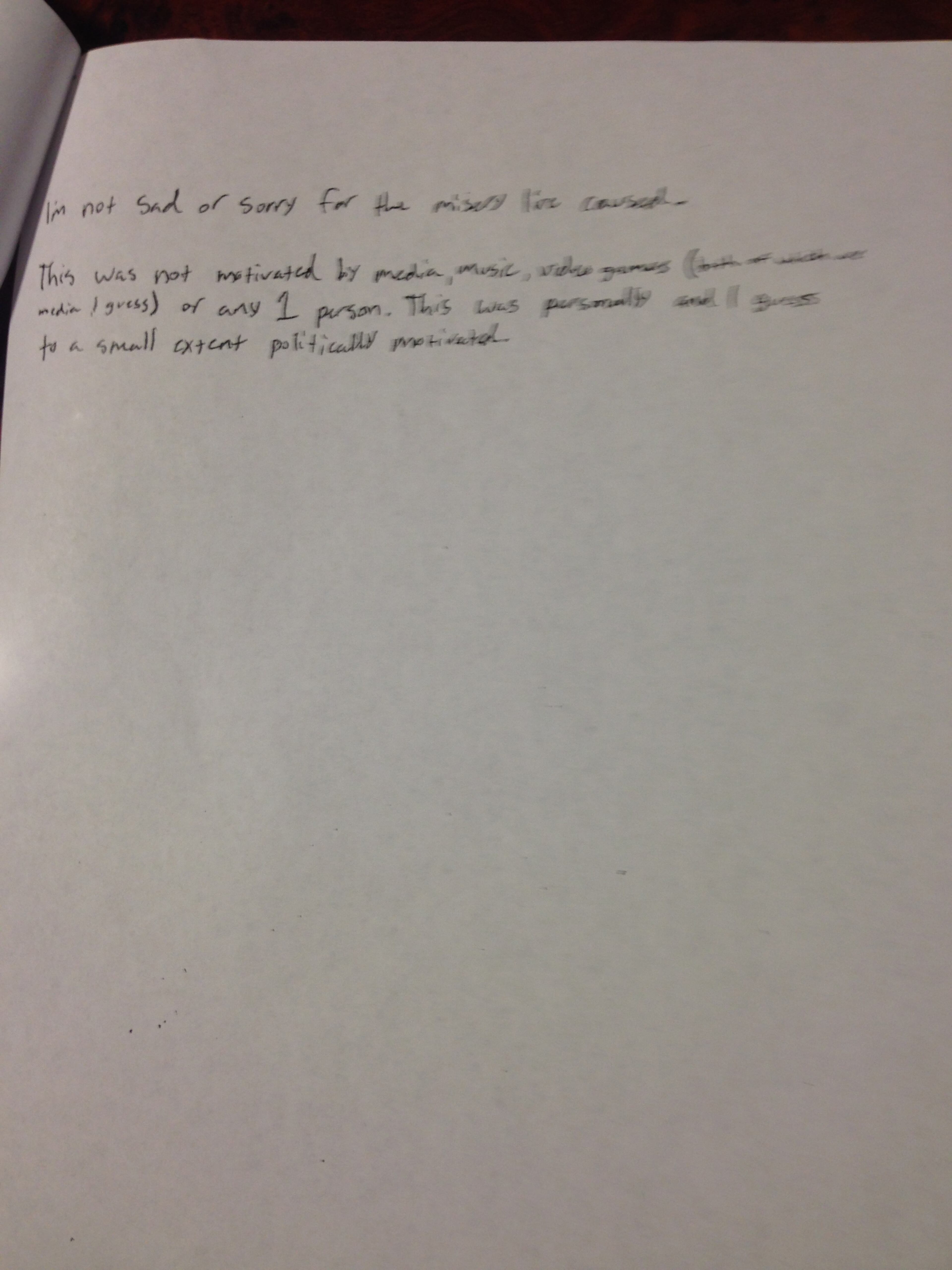 Cobb Police have released the five-page rambling note left by the young man who inexplicably attacked fellow employees at his FedEx workplace in Kennesaw on April 29, 2014. This page says: "I’m not sad or sorry for the misery I’ve caused. This was not motivated by media , music, video games (both of which are media I guess) and any 1 person. This was personally and I guess to a small extent politically motivated."