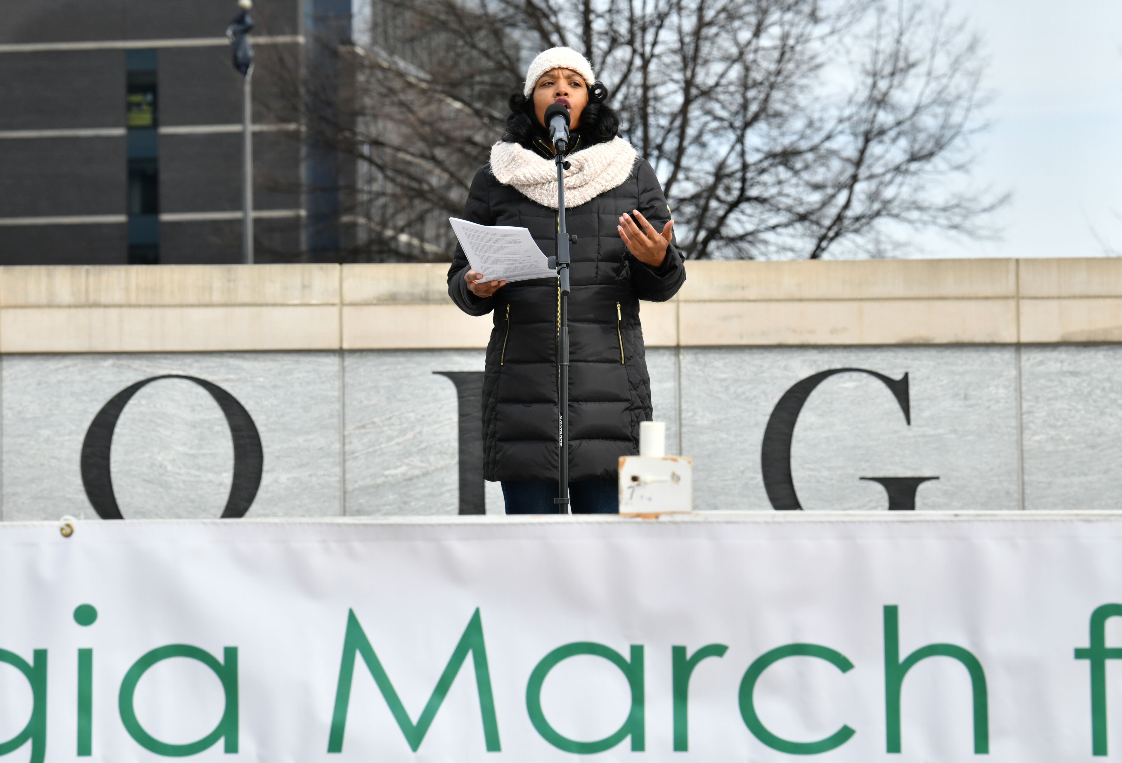 January 22, 2020 Atlanta - Endia Bass shares her story during the 2020 Georgia March For Life & Memorial Service to raise awareness and support of anti-abortion legislation at Liberty Plaza on Wednesday, January 22, 2020. Anti-abortion advocates scored a win last year when Georgia passed a law that would ban the procedure once a doctor can detect fetal cardiac activity. But Georgia Right to Life had urged lawmakers to vote against it - and unendorsed several Republican candidates who voted in support of it - saying the bill did not go far enough because it allowed exceptions in instances of rape and incest. (Hyosub Shin / Hyosub.Shin@ajc.com)