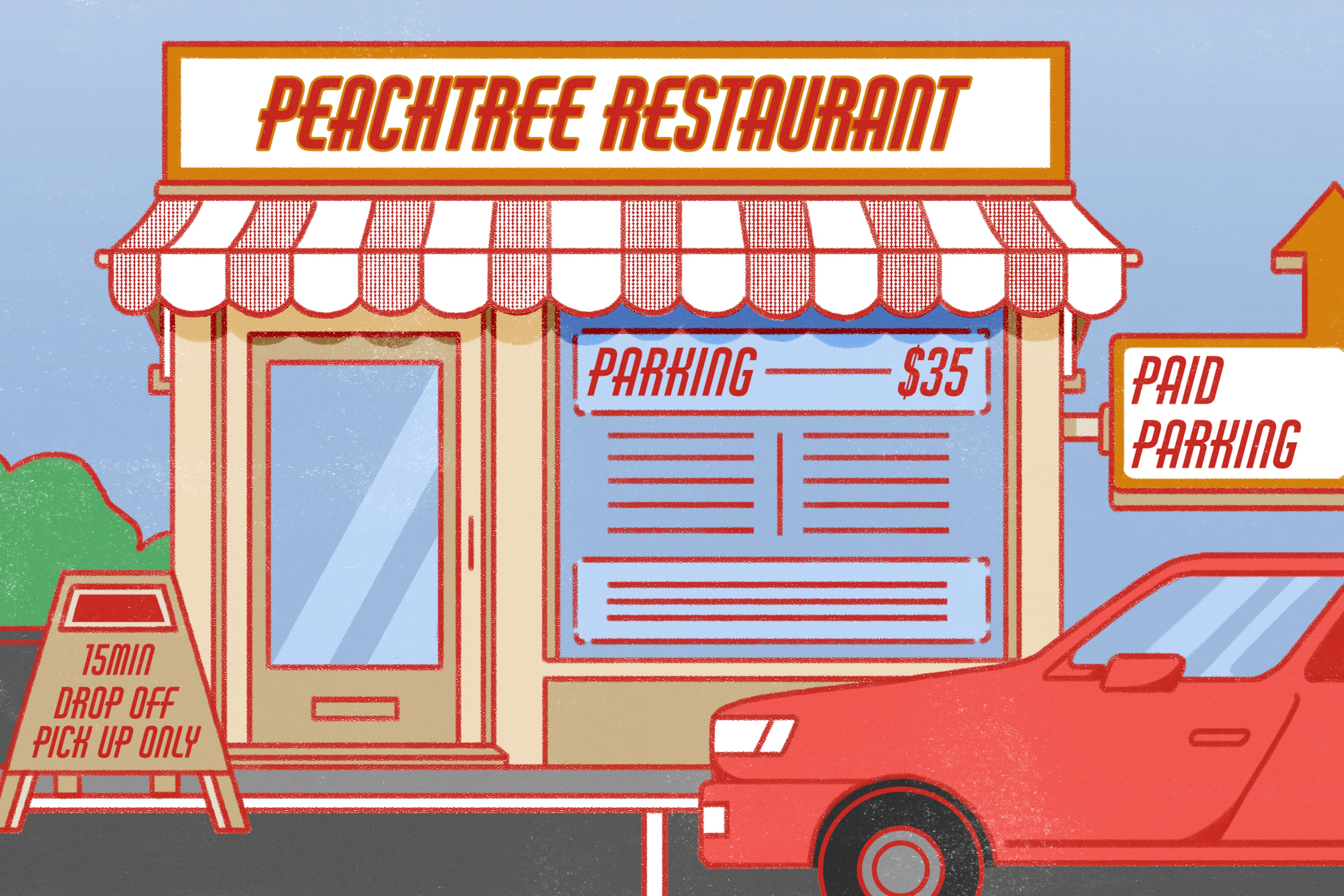 Metro Atlanta's diners are feeling the squeeze of paid parking outside popular restaurants. (Illustration: Broly Su / AJC)