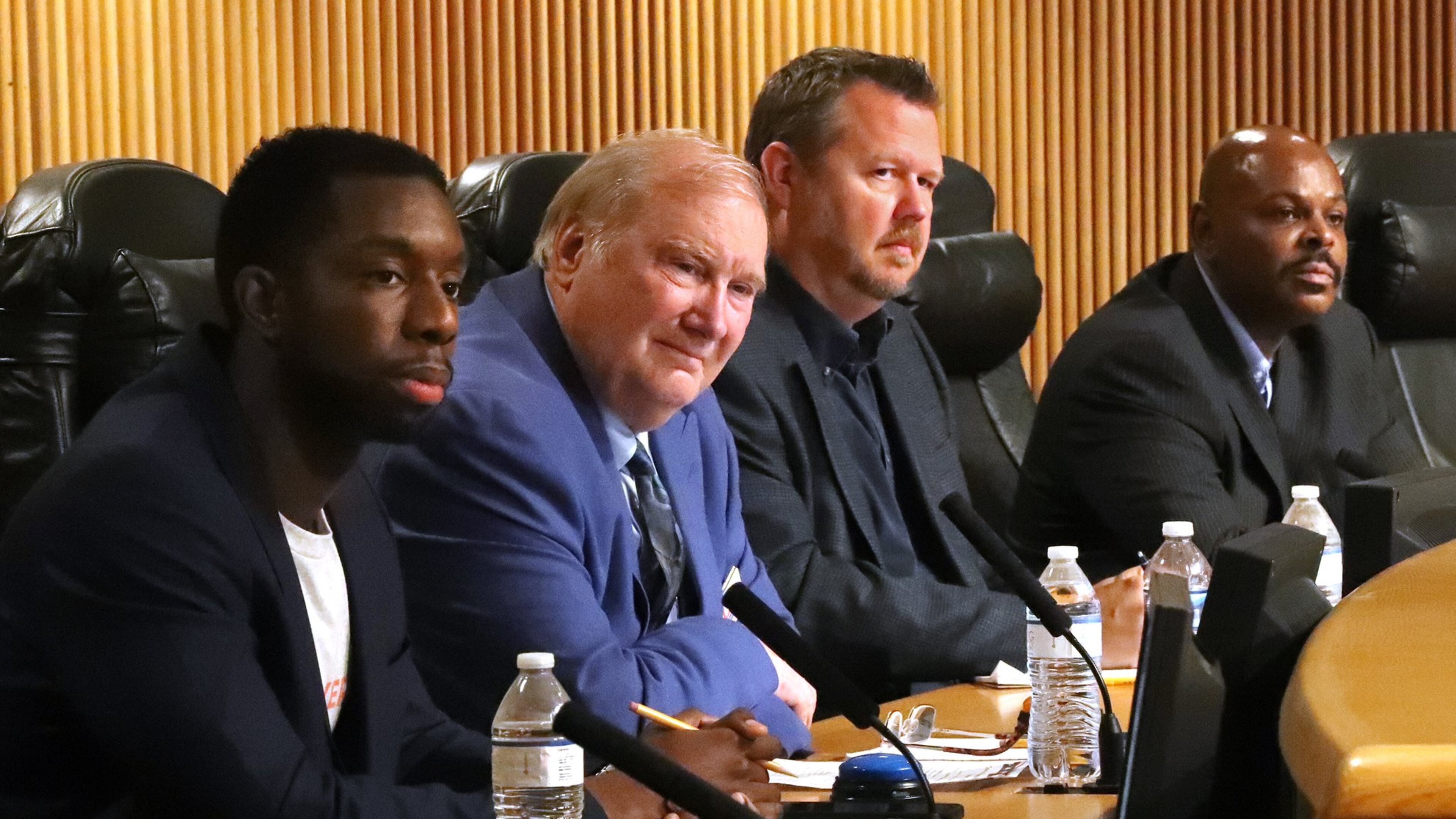 District 4 candidates Everton Blair, Jr. (D) (from left), Randall N. Lee (R), Chuck Studebaker (R), and Mark A. Williams (D) participate in the Gwinnett County School Board Candidate Forum at the Gwinnett Justice & Administrative Center on Monday, May 7, 2018, in Lawrenceville. Curtis Compton/ccompton@ajc.com