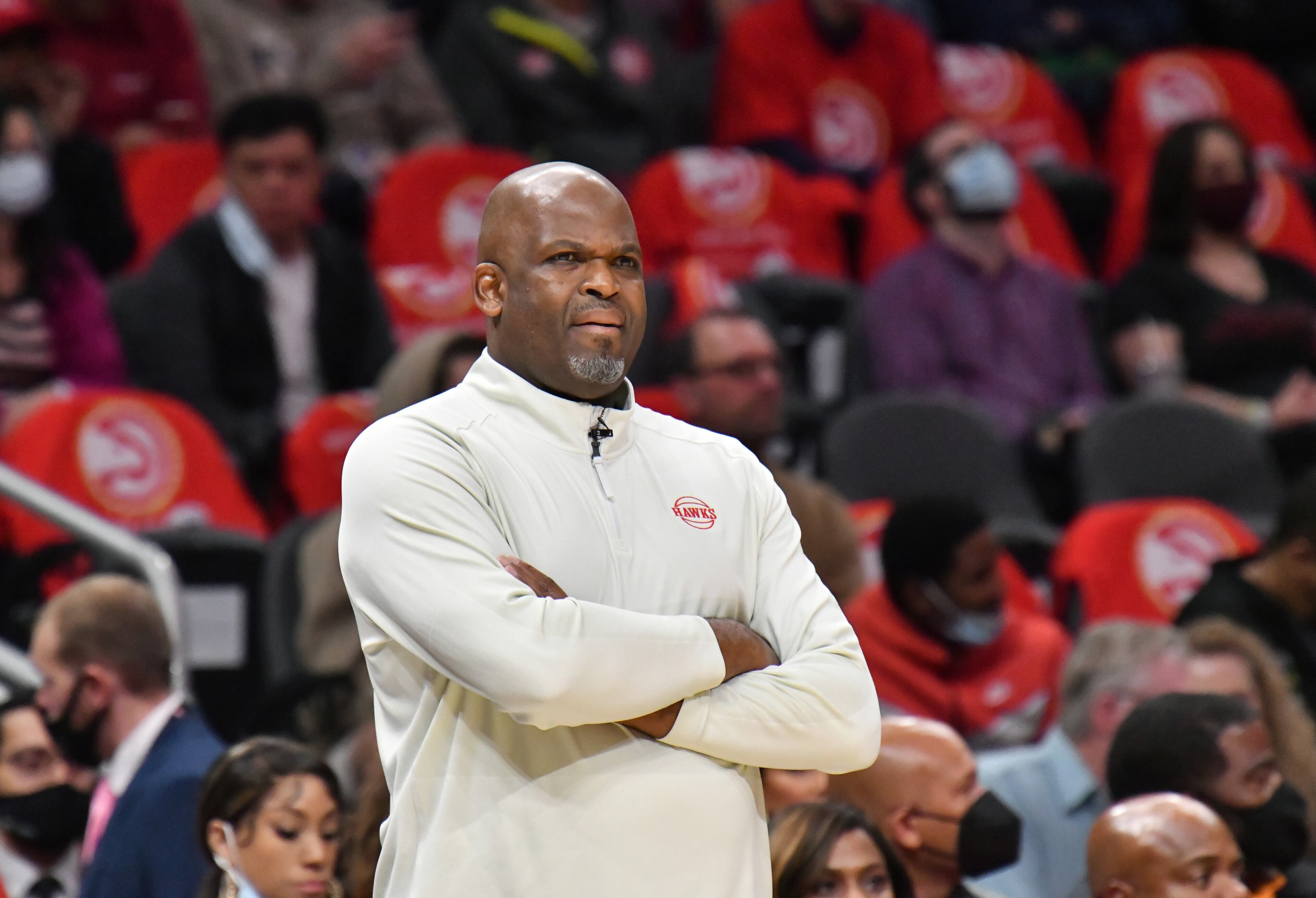 Hawks head coach Nate McMillan reacts as he watches during the first half of the home opener in a NBA basketball game at State Farm Arena on Thursday, October 21, 2021. (Hyosub Shin / Hyosub.Shin@ajc.com)