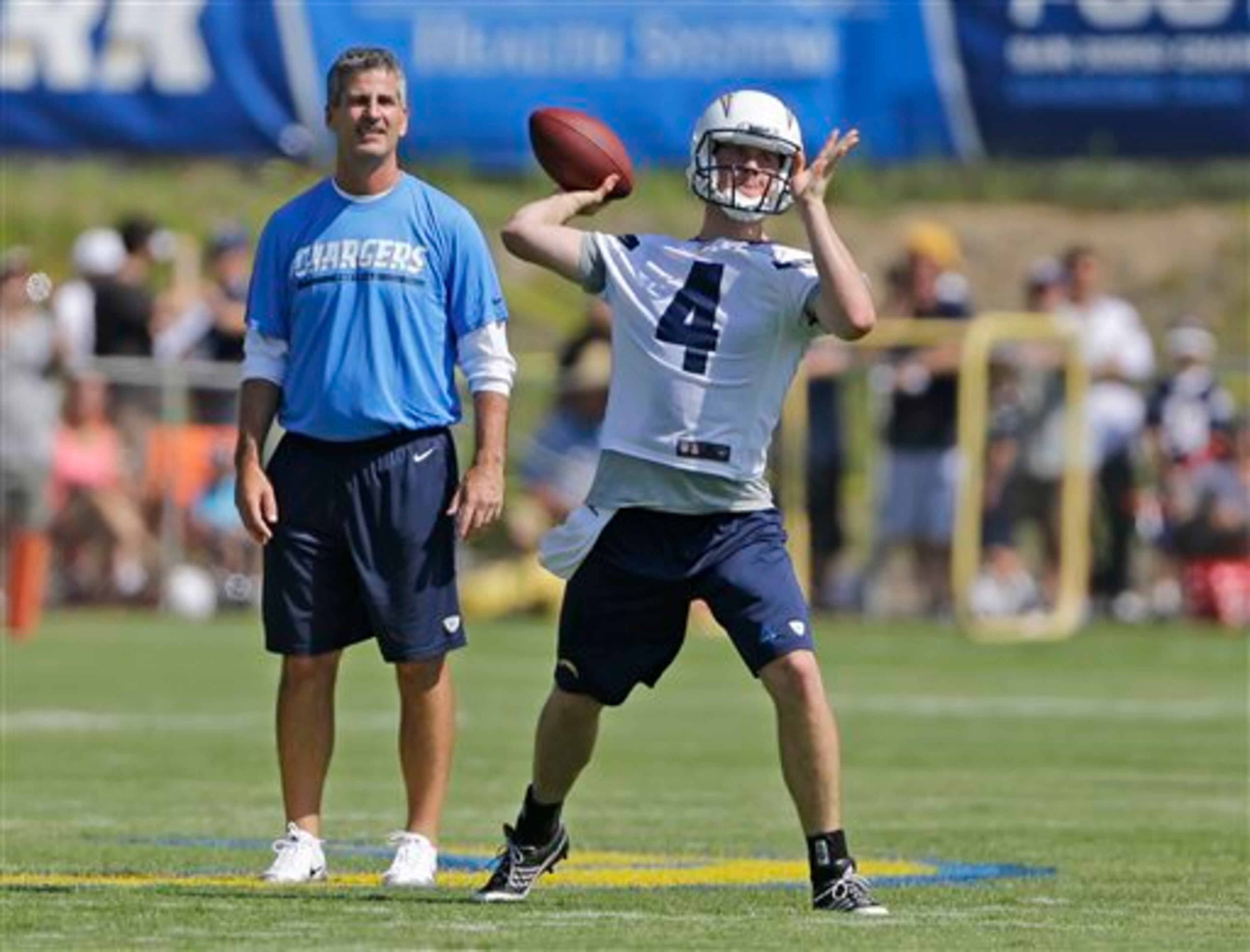 San Diego Chargers quarterback Brad Sorensen, a seventh-round draft pick from Southern Utah, throws a pass as quarterback coach Frank Wright watches during the NFL football team's first practice at their training camp in San Diego, Thursday, July 25, 2013. (AP Photo/Lenny Ignelzi)