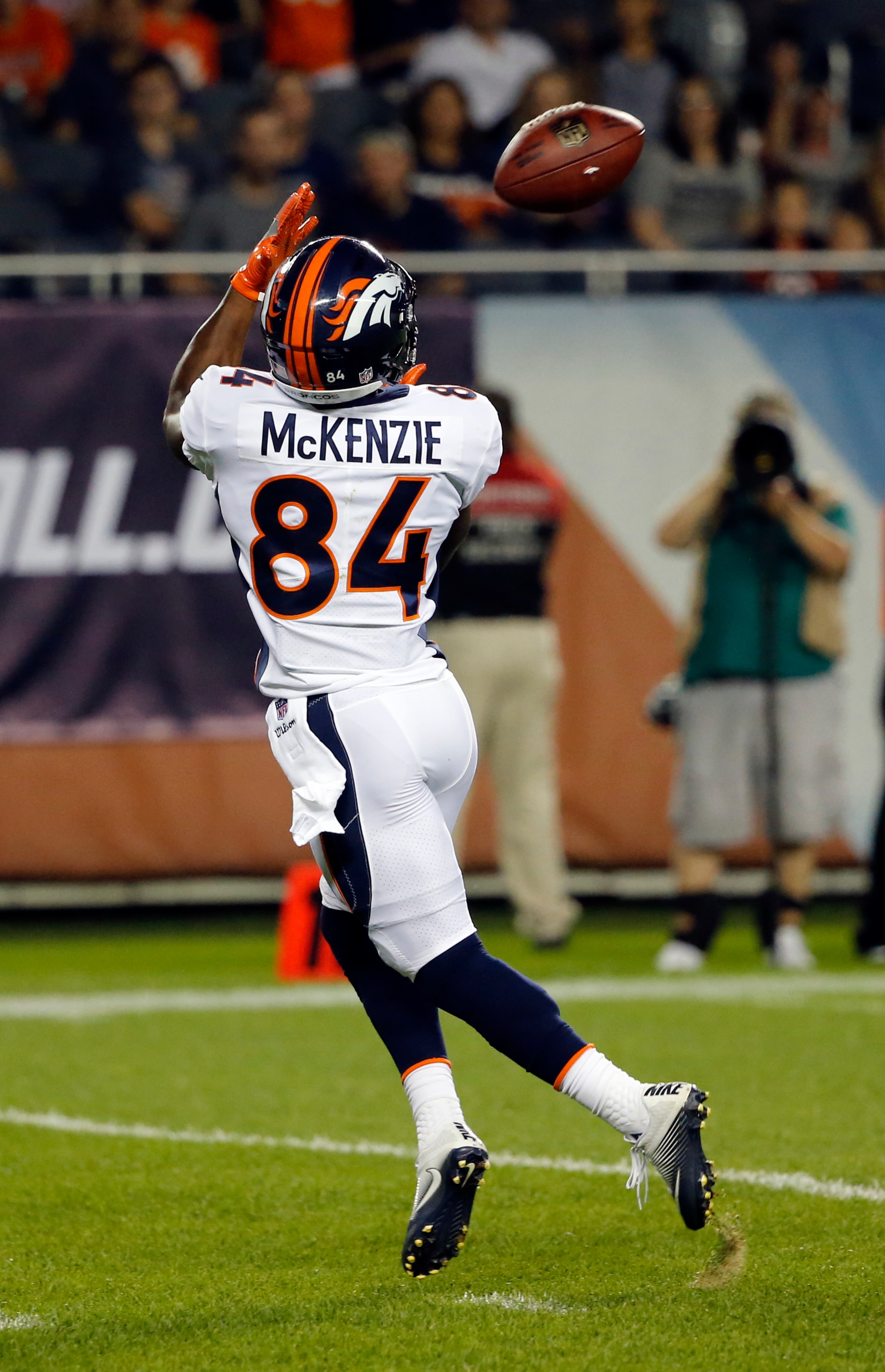 Denver Broncos wide receiver Isaiah McKenzie (84) makes a touchdown reception during the second half of an NFL preseason football game against the Chicago Bears, Thursday, Aug. 10, 2017, in Chicago. (AP Photo/Charles Rex Arbogast)