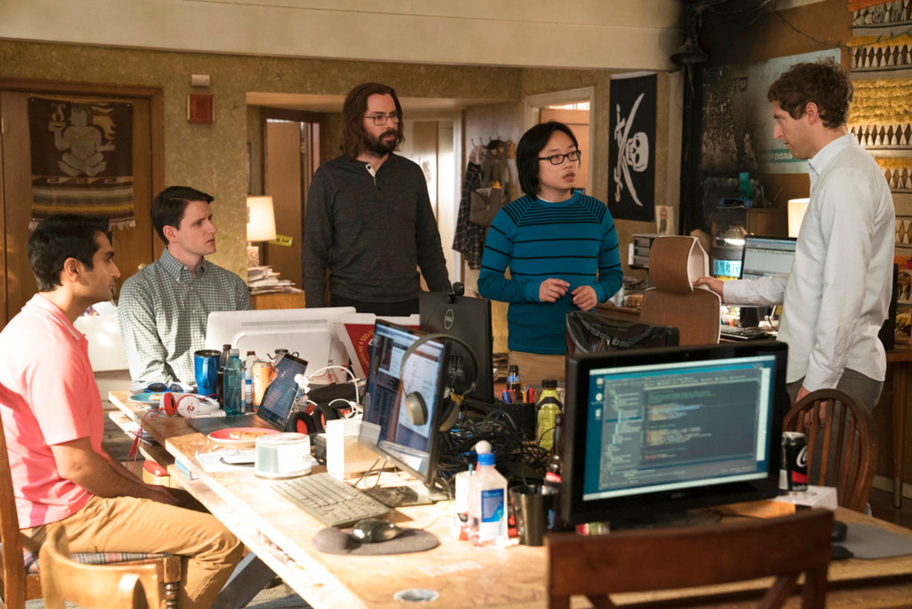 This image released by HBO shows Kumail Nanjiani, from left, Martin Starr, Jimmy O. Yang and Thomas Middleditch in a scene from "Silicon Valley." The program was nominated for an Emmy on Thursday for outstanding comedy series. The 70th Emmy Awards will be held on Monday, Sept. 17. (HBO via AP)