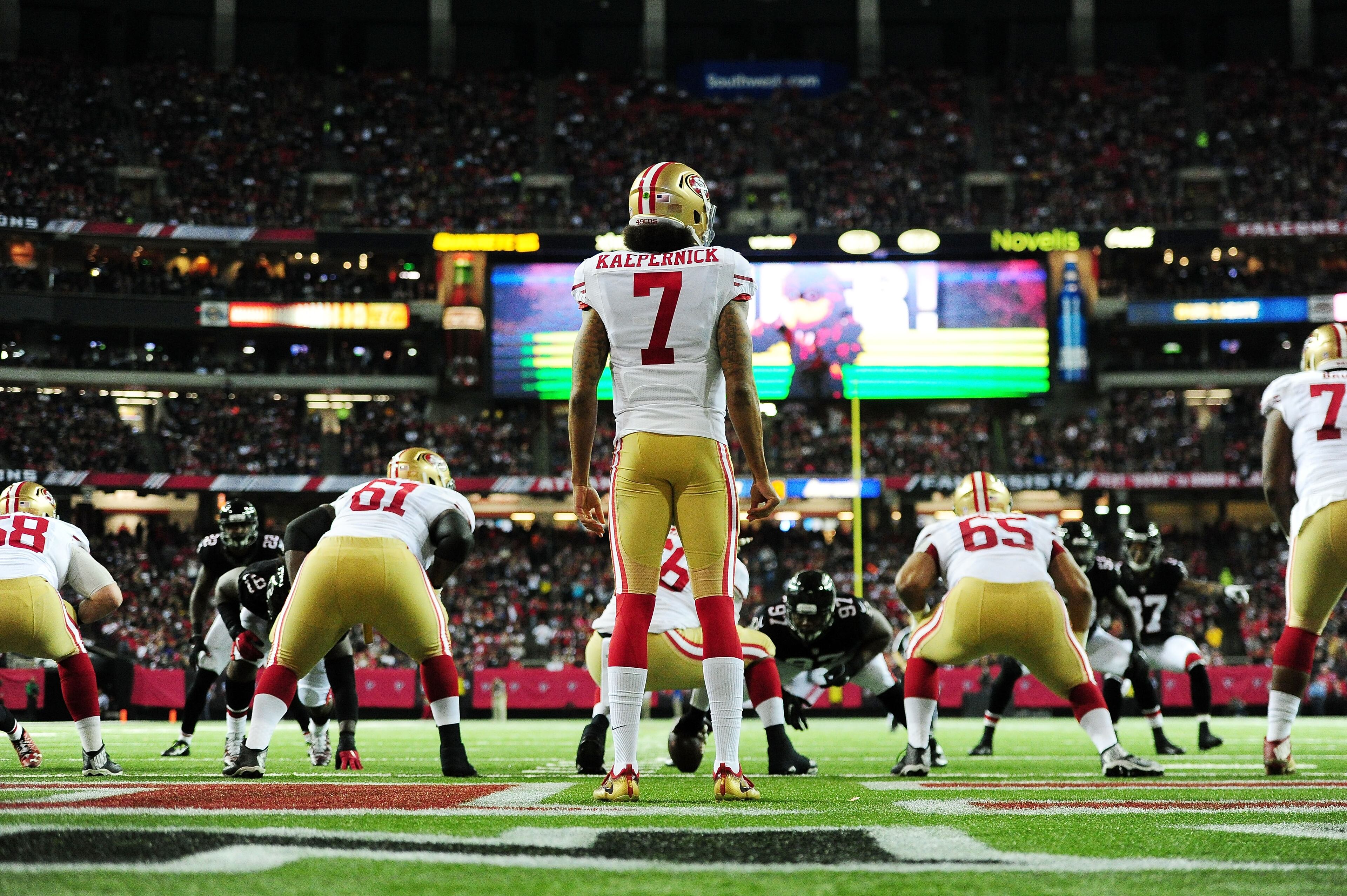 ATLANTA, GA - DECEMBER 18: Colin Kaepernick #7 of the San Francisco 49ers waits for the snap during the first half against the Atlanta Falcons at the Georgia Dome on December 18, 2016 in Atlanta, Georgia. (Photo by Scott Cunningham/Getty Images)