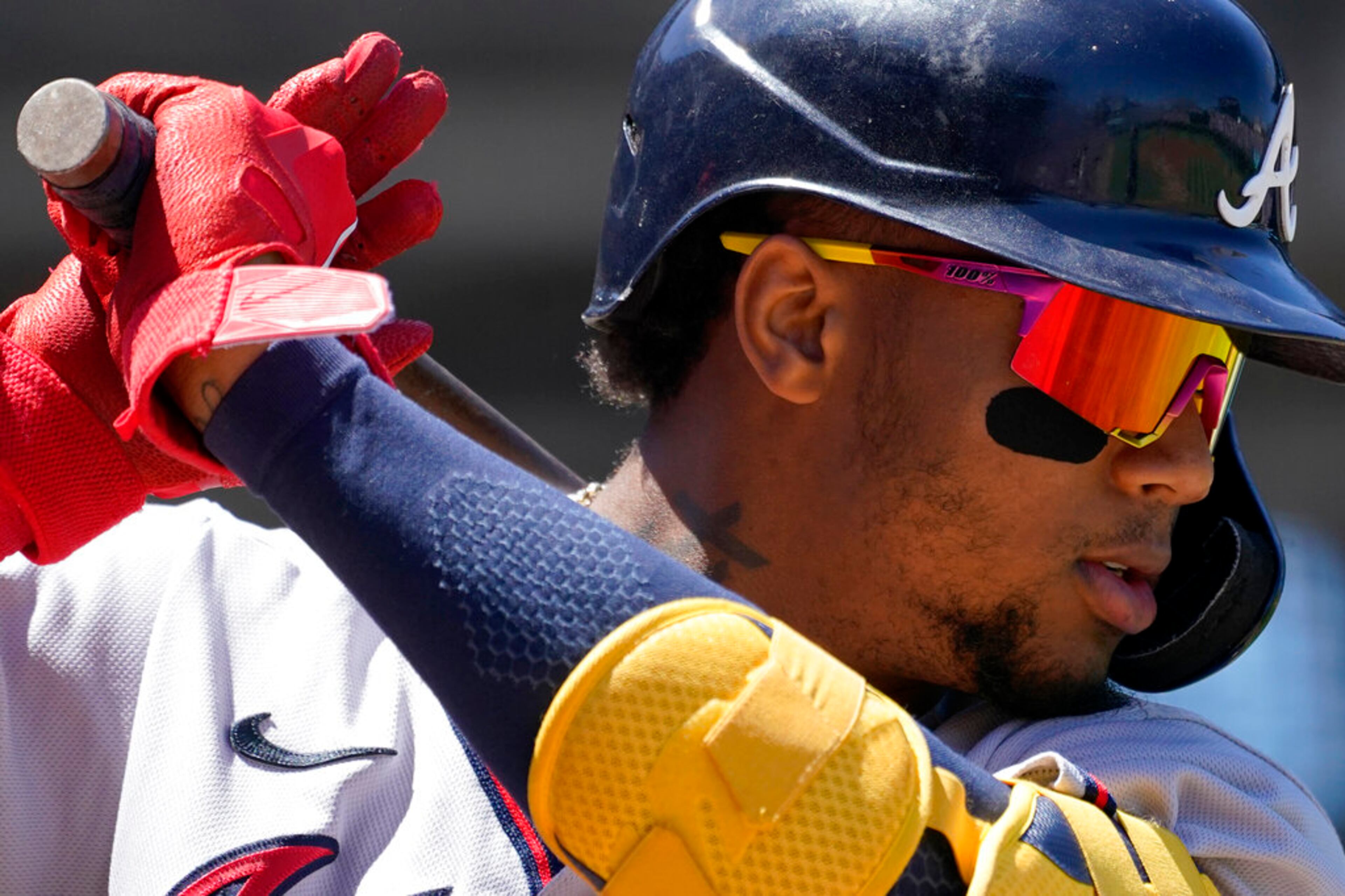 Atlanta Braves right fielder Ronald Acuna Jr., warms up during the first inning of a baseball game against the Chicago Cubs in Chicago, Saturday, June 18, 2022. (AP Photo/Nam Y. Huh)