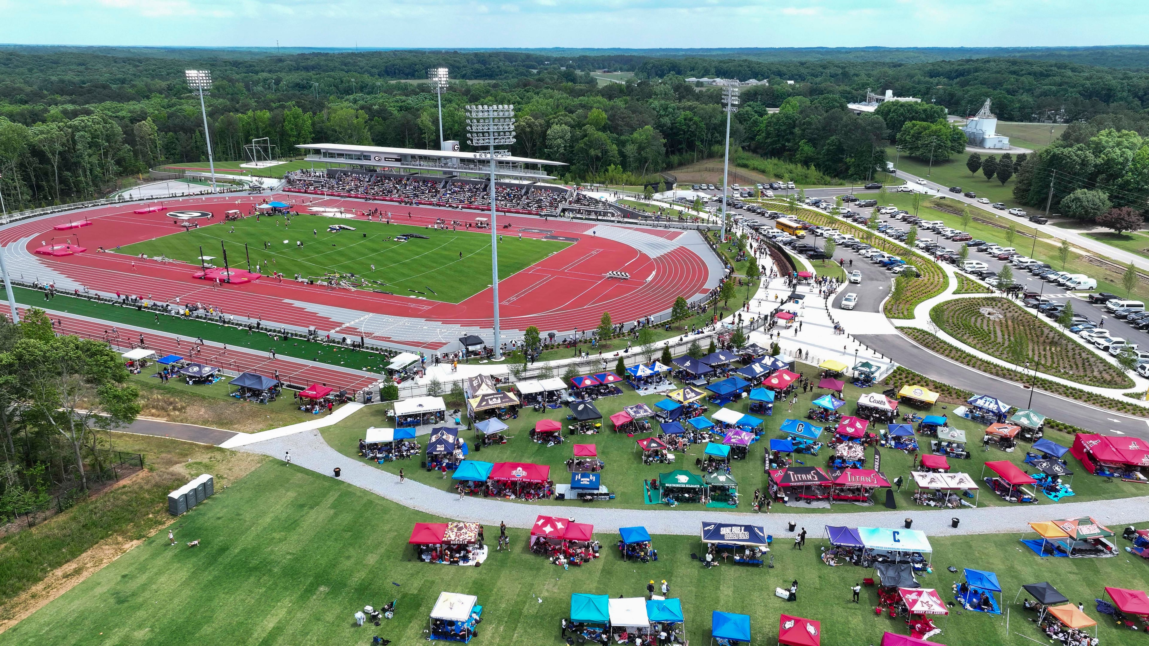 An aerial image depicts the UGA Spec Towns Track where the GHSA track and field state championship is taking place on Monday, May 11, 2026, in Athens.
(Miguel Martinez/AJC)