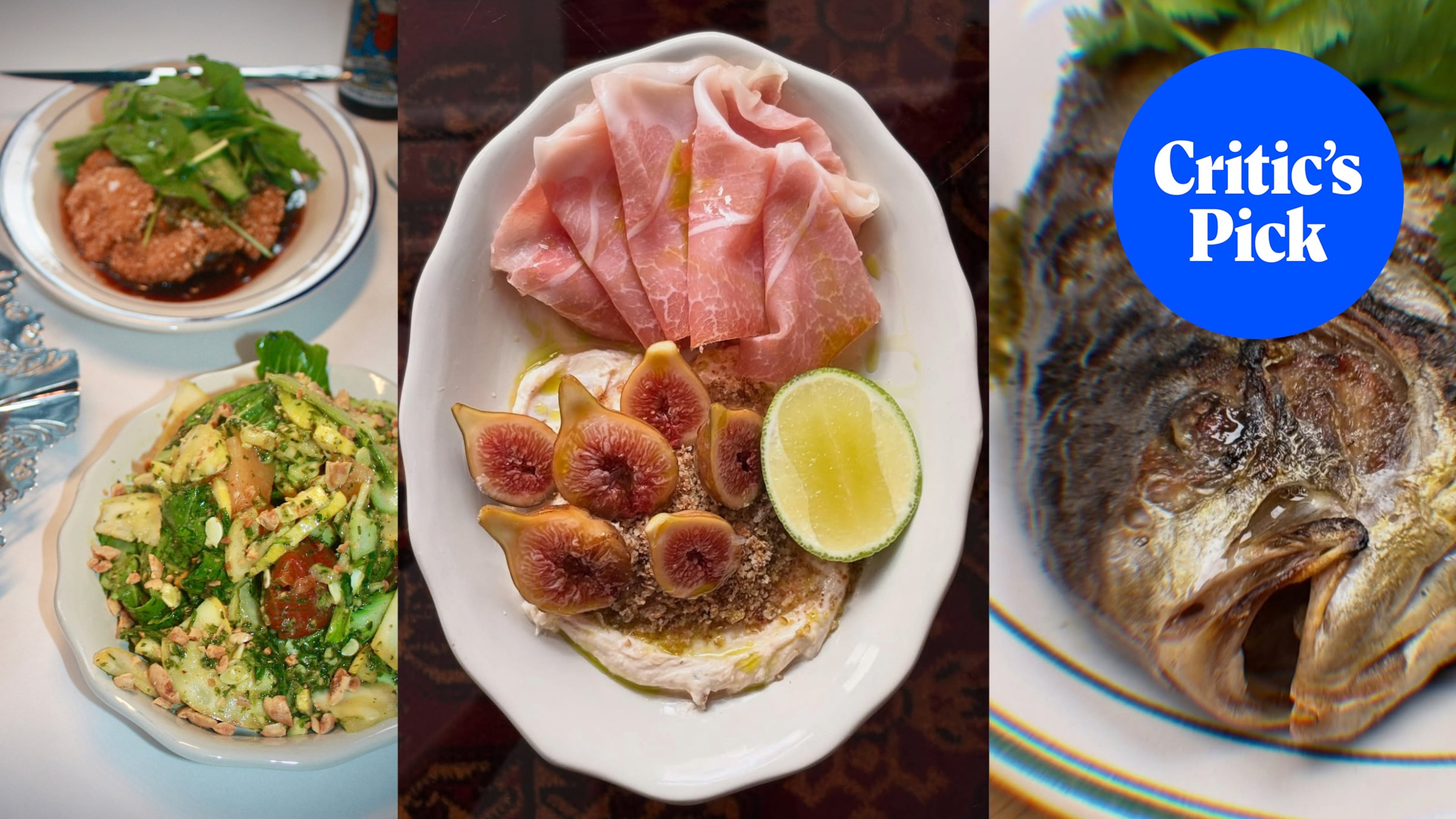 Dishes at Last Dance in Avondale Estates (from left): smashed salad (bottom) and lamb schnitzel; ham and figs; whole pompano. (Photos courtesy of Kathryn Fitzgerald/Last Dance)