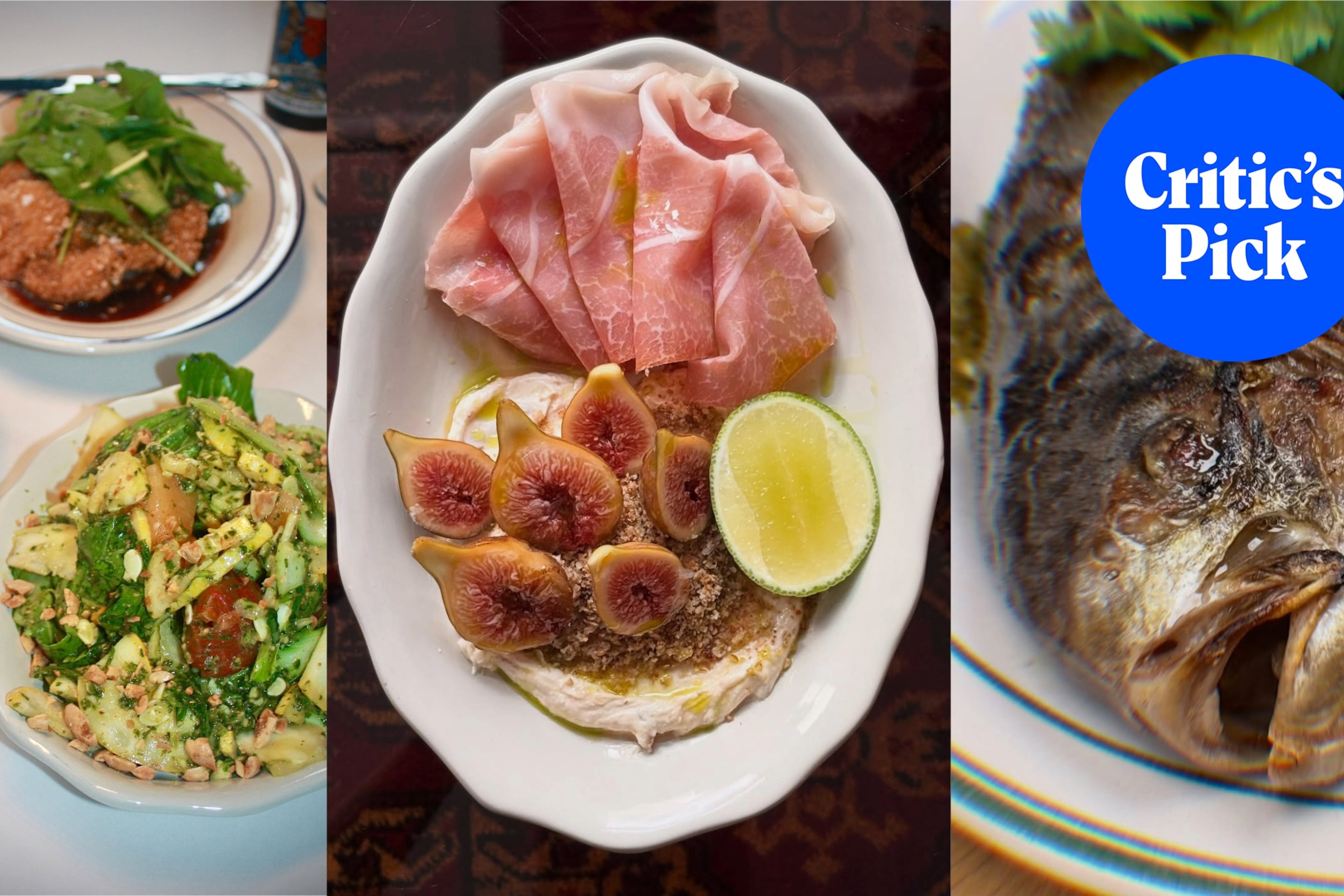 Dishes at Last Dance in Avondale Estates (from left): smashed salad (bottom) and lamb schnitzel; ham and figs; whole pompano. (Photos courtesy of Kathryn Fitzgerald/Last Dance)