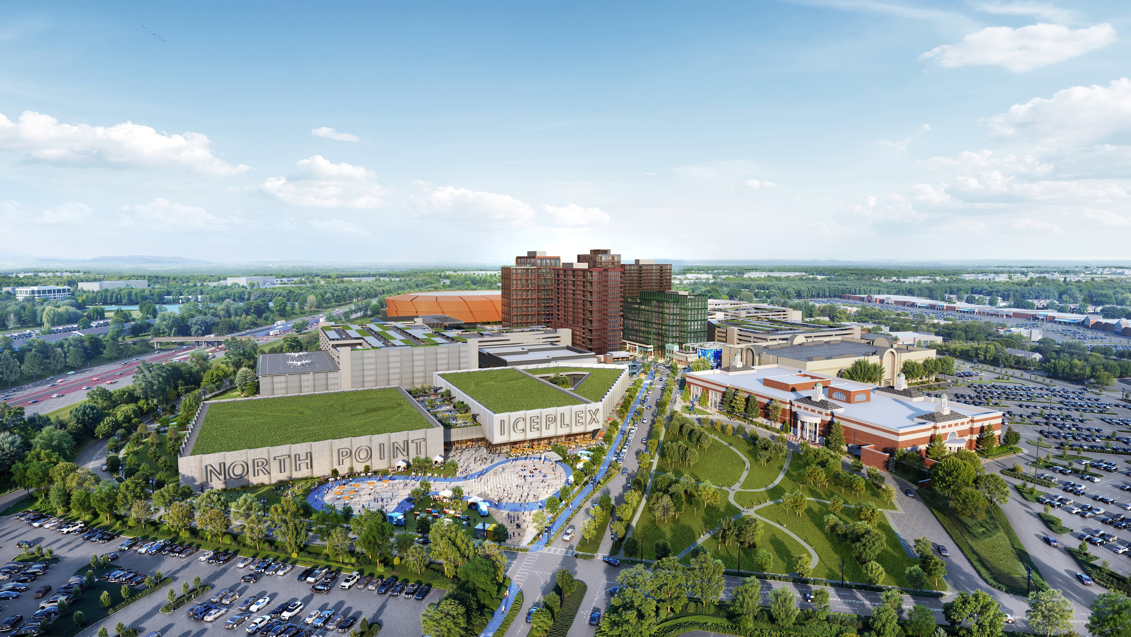 This is a rendering of a planned redevelopment of North Point Mall in Alpharetta by Jamestown Properties and New York Life. If completed as proposed, it would become one of the largest live-work-play districts in metro Atlanta. (Courtesy of Jamestown Properties)