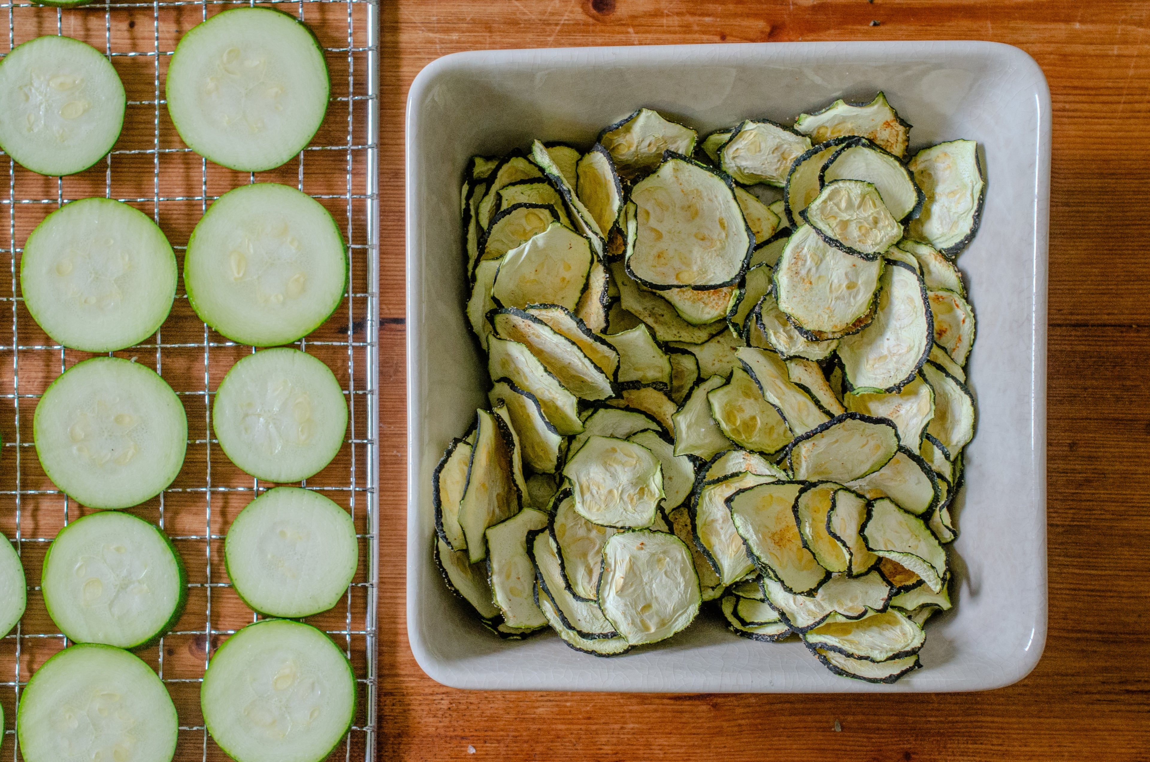 Spiced Zucchini Chips, with a touch of garlic and seasonings, are light and crisp, perfect for snacking. (Virginia Willis for The Atlanta Journal-Constitution)