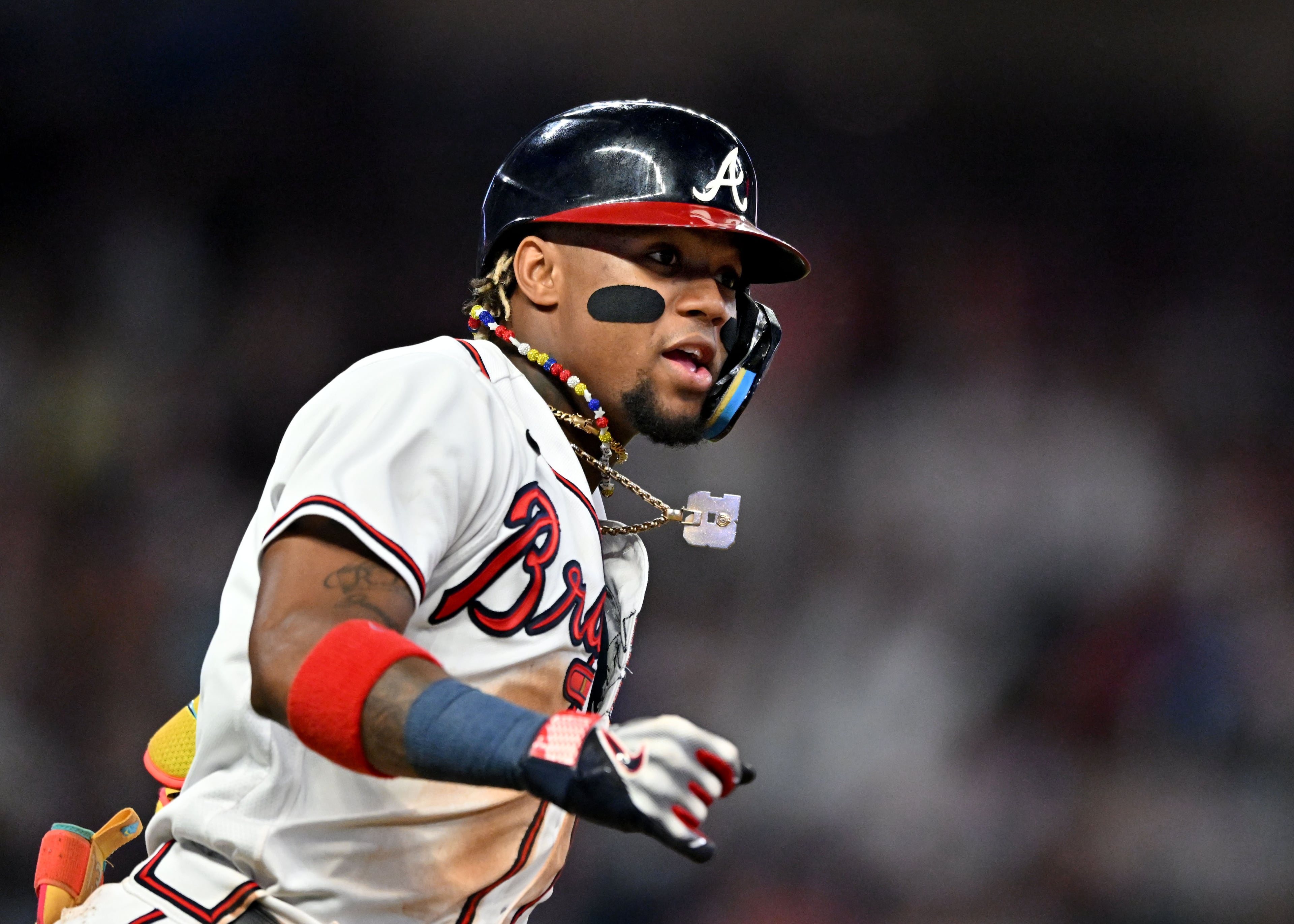 Atlanta Braves' right fielder Ronald Acuna Jr. (13) circles the bases on a solo home run against the Philadelphia Phillies during the sixth inning at Truist Park, Tuesday, September 19, 2023, in Atlanta. Atlanta Braves won 9-3 over Philadelphia Phillies. (Hyosub Shin / Hyosub.Shin@ajc.com)