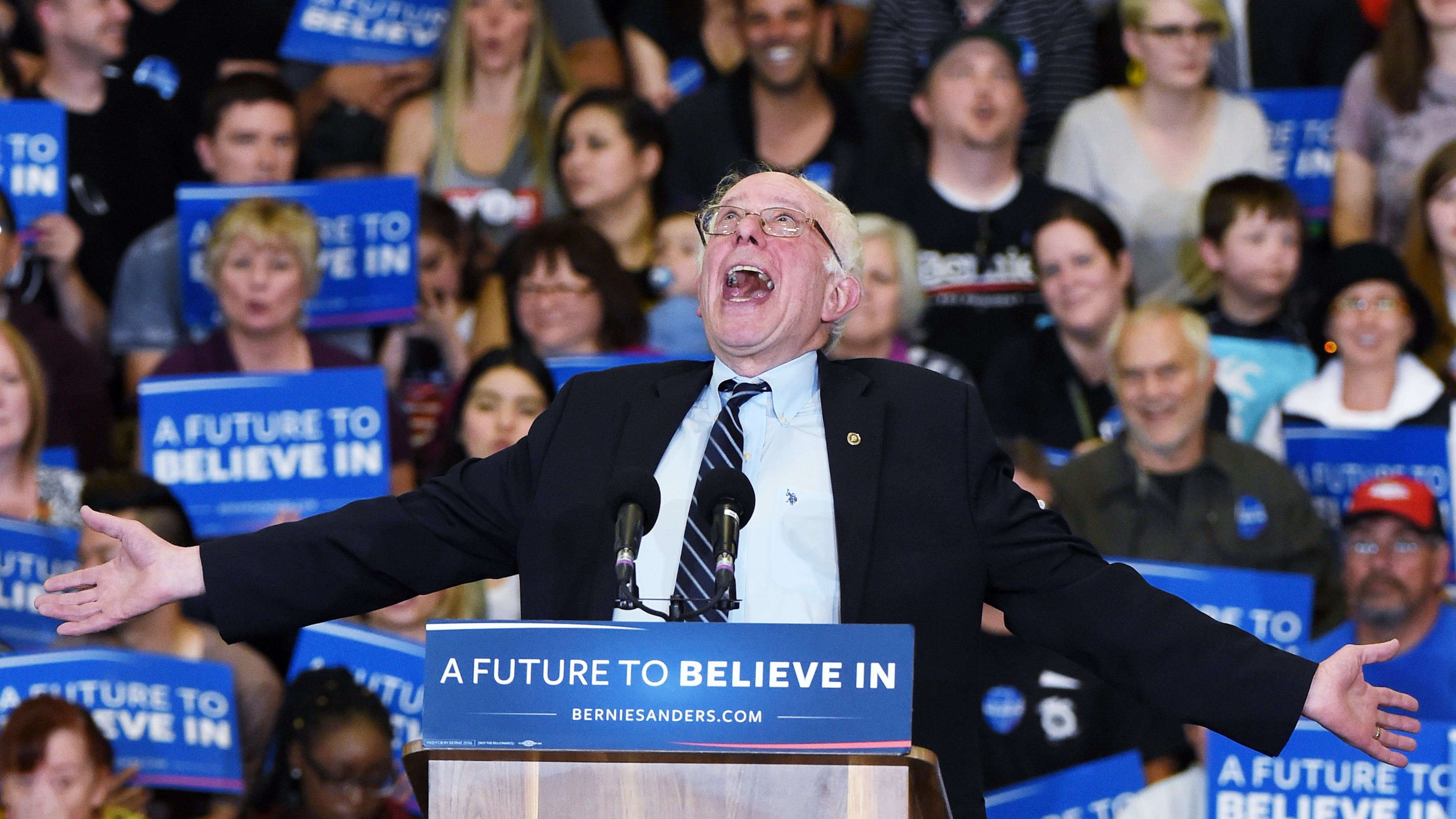 Democratic presidential candidate Sen. Bernie Sanders , I-Vermont, jokes around as he speaks during a campaign rally at Bonanza High School on Sunday in Las Vegas, Nev. Sanders is challenging Hillary Clinton for the Democratic presidential nomination ahead of Nevada's February 20th Democratic caucus. Ethan Miller/Getty Images