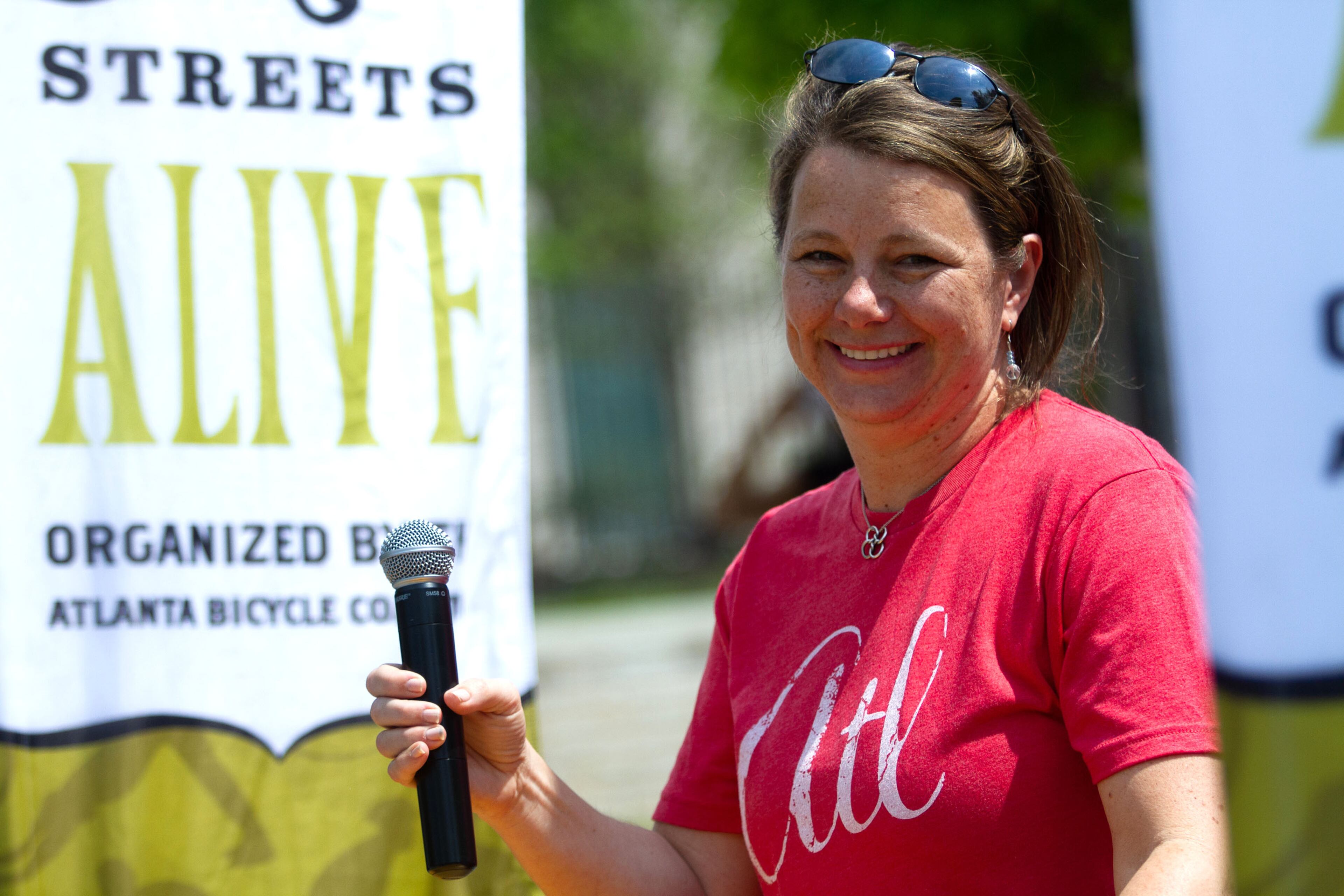 District 6 Atlanta City Council member, Jennifer Ide talks to the crowd before the start of the Atlanta Streets Alive ride on Sunday, April 7, 2019. STEVE SCHAEFER / SPECIAL TO THE AJC