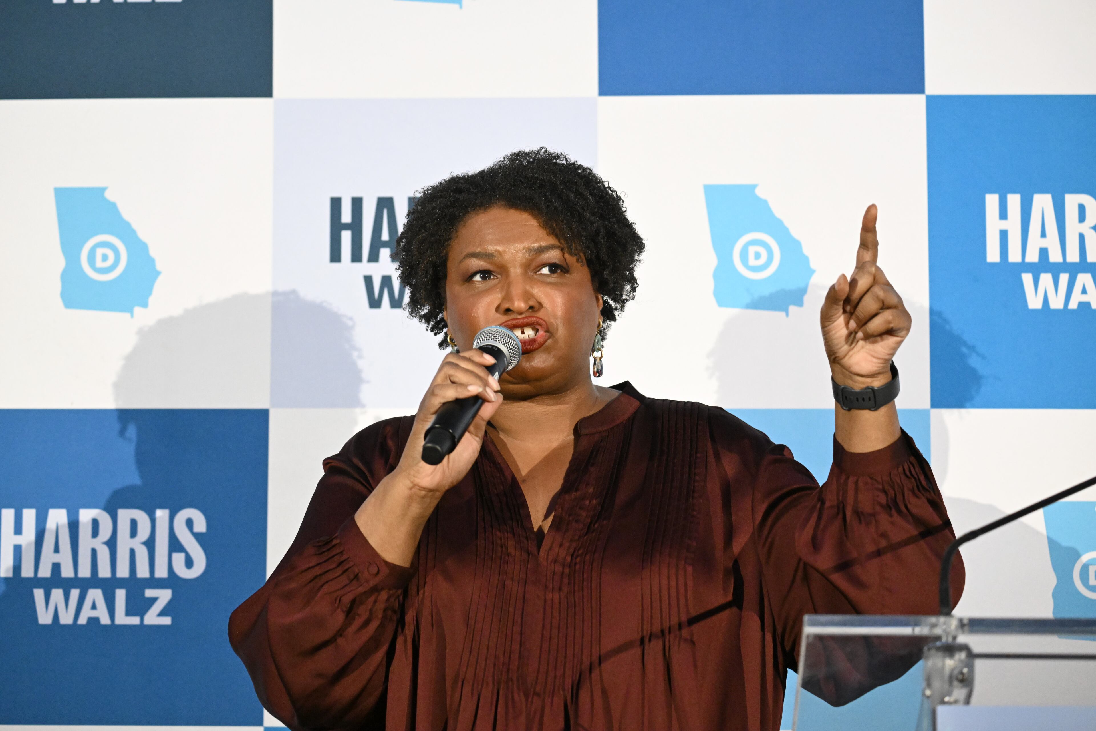 Former Georgia gubernatorial candidate Stacey Abrams speaks during Cherokee County Reproductive Freedom Rally in downtown Canton, Wednesday, October 9, 2024. (Hyosub Shin / AJC)