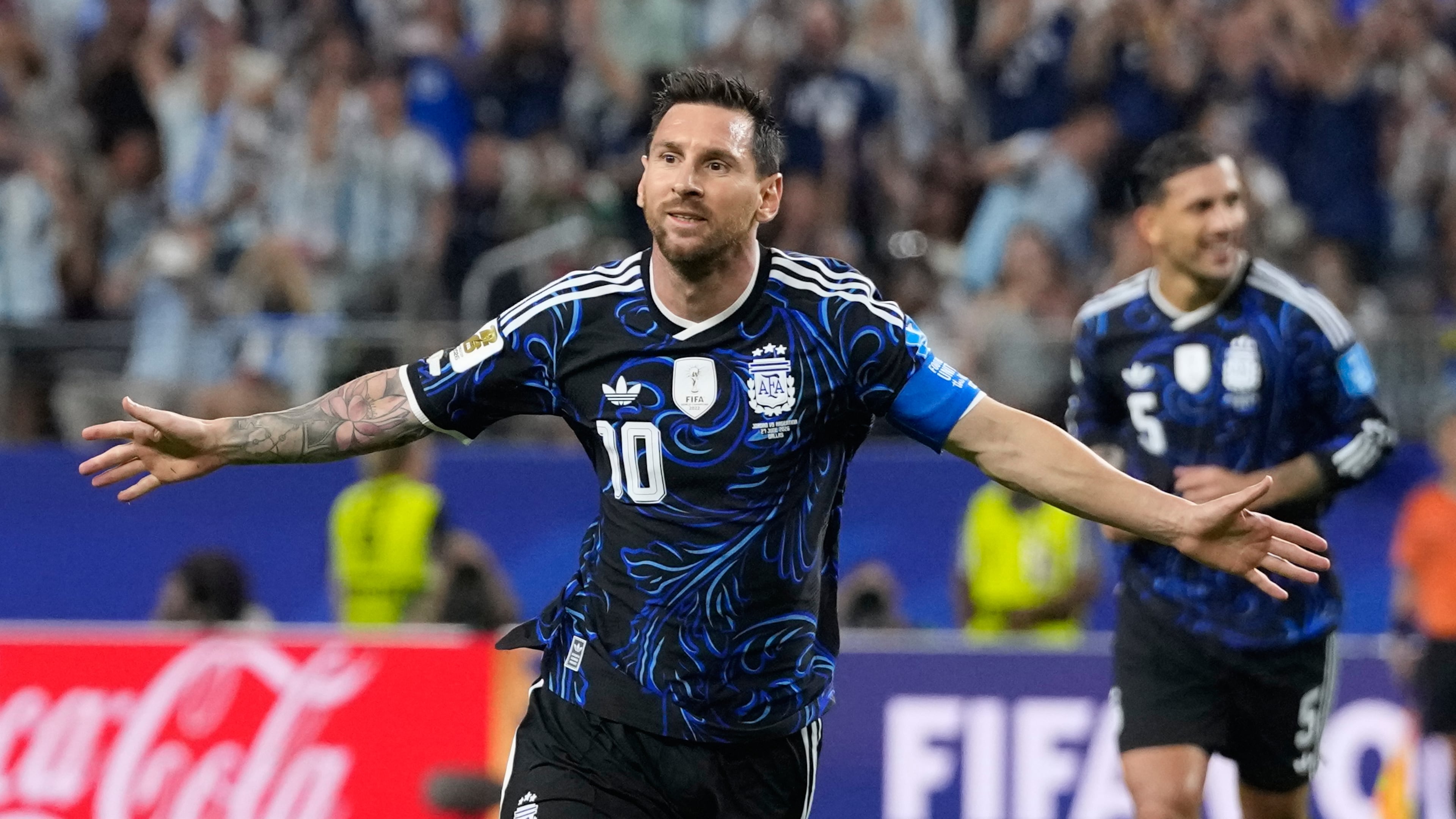 Argentina's Lionel Messi (10) celebrates scoring his side's 3rd goal during the World Cup Group J soccer match between Jordan and Argentina in Arlington, Texas, near Dallas, Saturday, June 27, 2026. (AP Photo/Tony Gutierrez)