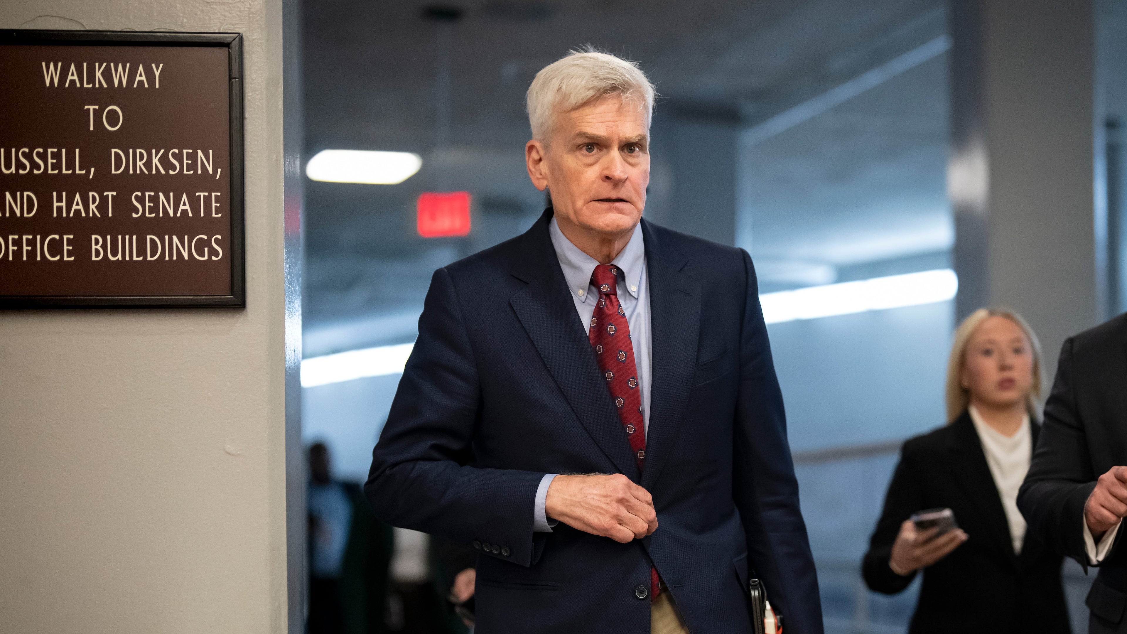 FILE - Sen. Bill Cassidy, R-La., heads to a closed-door Republican policy meeting at the Capitol in Washington, June 16, 2026. (AP Photo/J. Scott Applewhite, File)