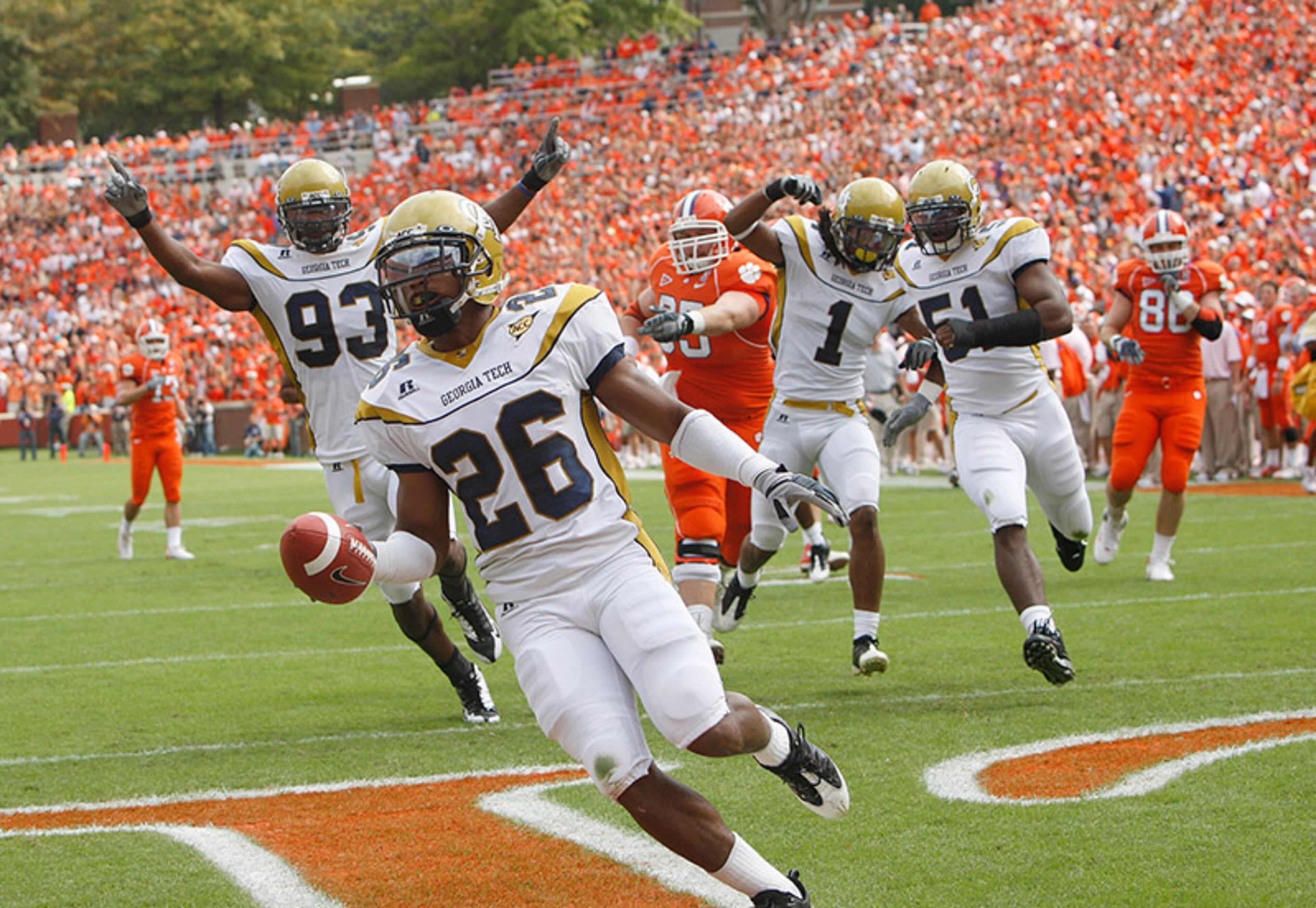 Georgia Tech 21, Clemson 17, 2008, at Memorial Stadium: Georgia Tech's Dominique Reese gets the Jackets on the board first with a 34-yard interception return - the Jackets' first such score in two years. It also one of six turnovers committed by the Tigers. Without C.J. Spiller, Georgia Tech held Clemson and its once vaunted run game to 18 yards in the first 30 minutes.