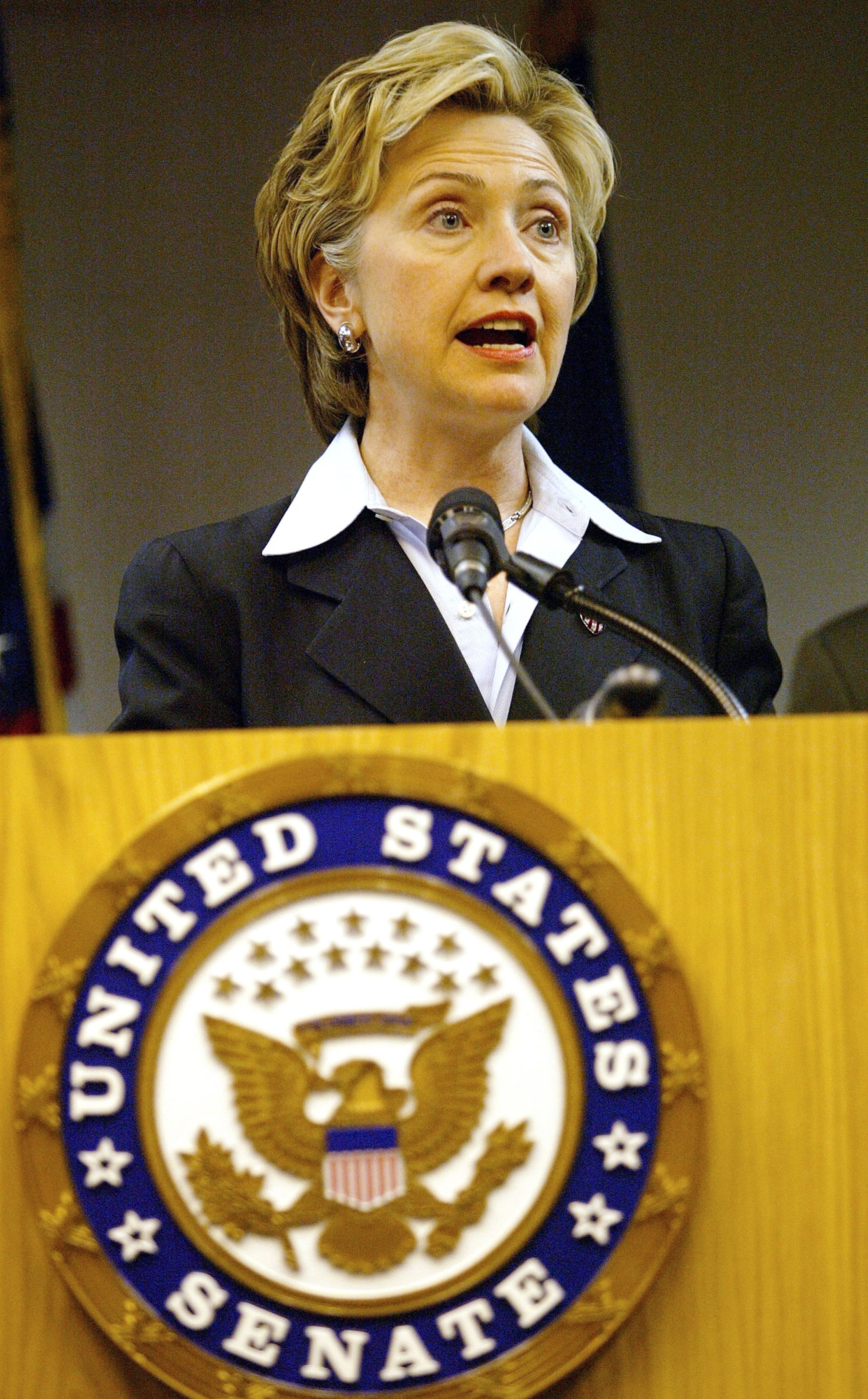 NEW YORK - JULY 19: Sen. Hillary Rodham Clinton (D-NY) speaks at her office July 19, 2004 in New York City. Democratic presidential John Kerry has asked Clinton to address the Democratic National Convention on its opening night. (Photo by Spencer Platt/Getty Images)