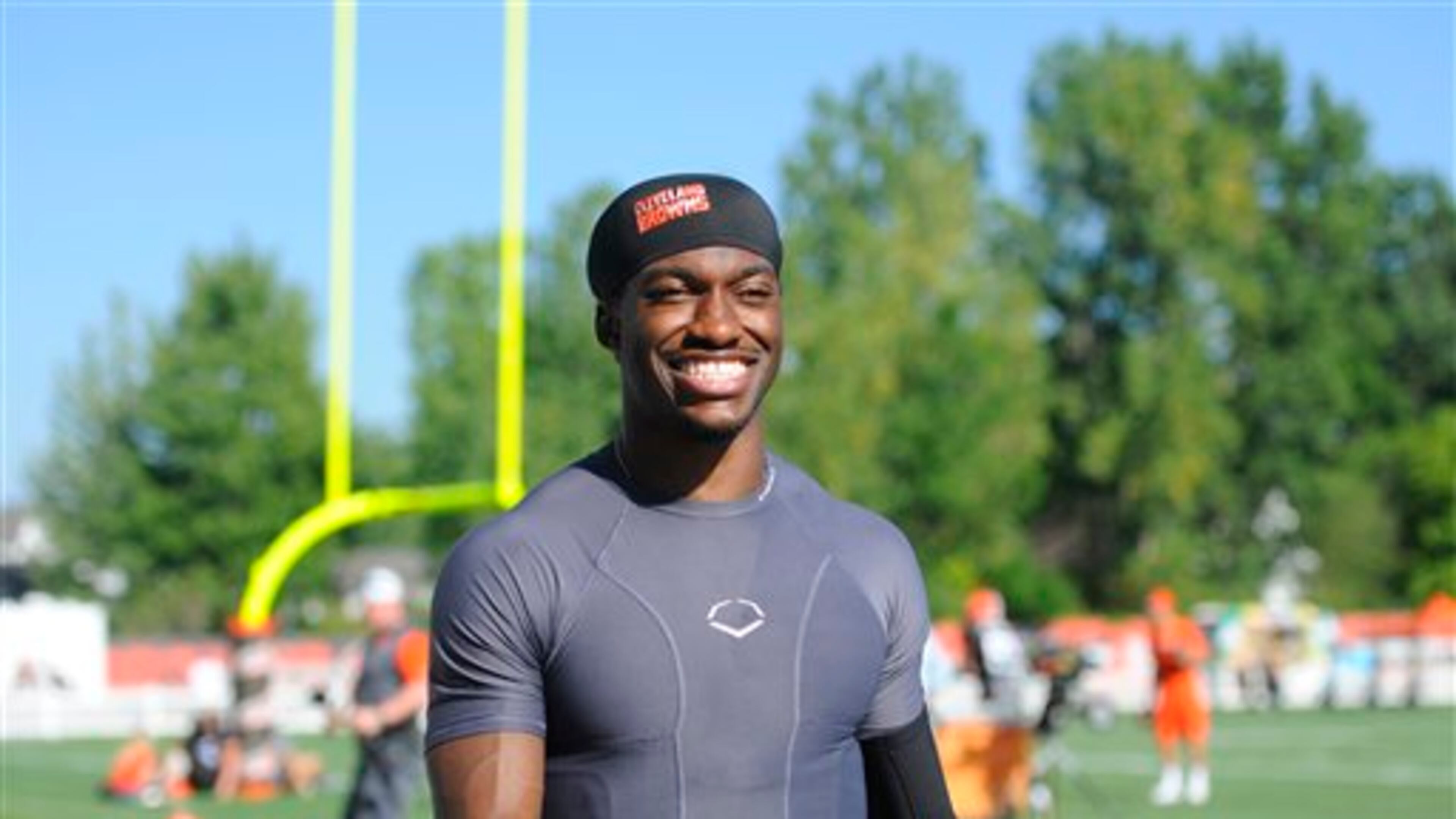 Cleveland Browns quarterback Robert Griffin III reacts after practice at the NFL football team's training camp Monday, Aug. 1, 2016, in Berea, Ohio. (AP Photo/David Richard)