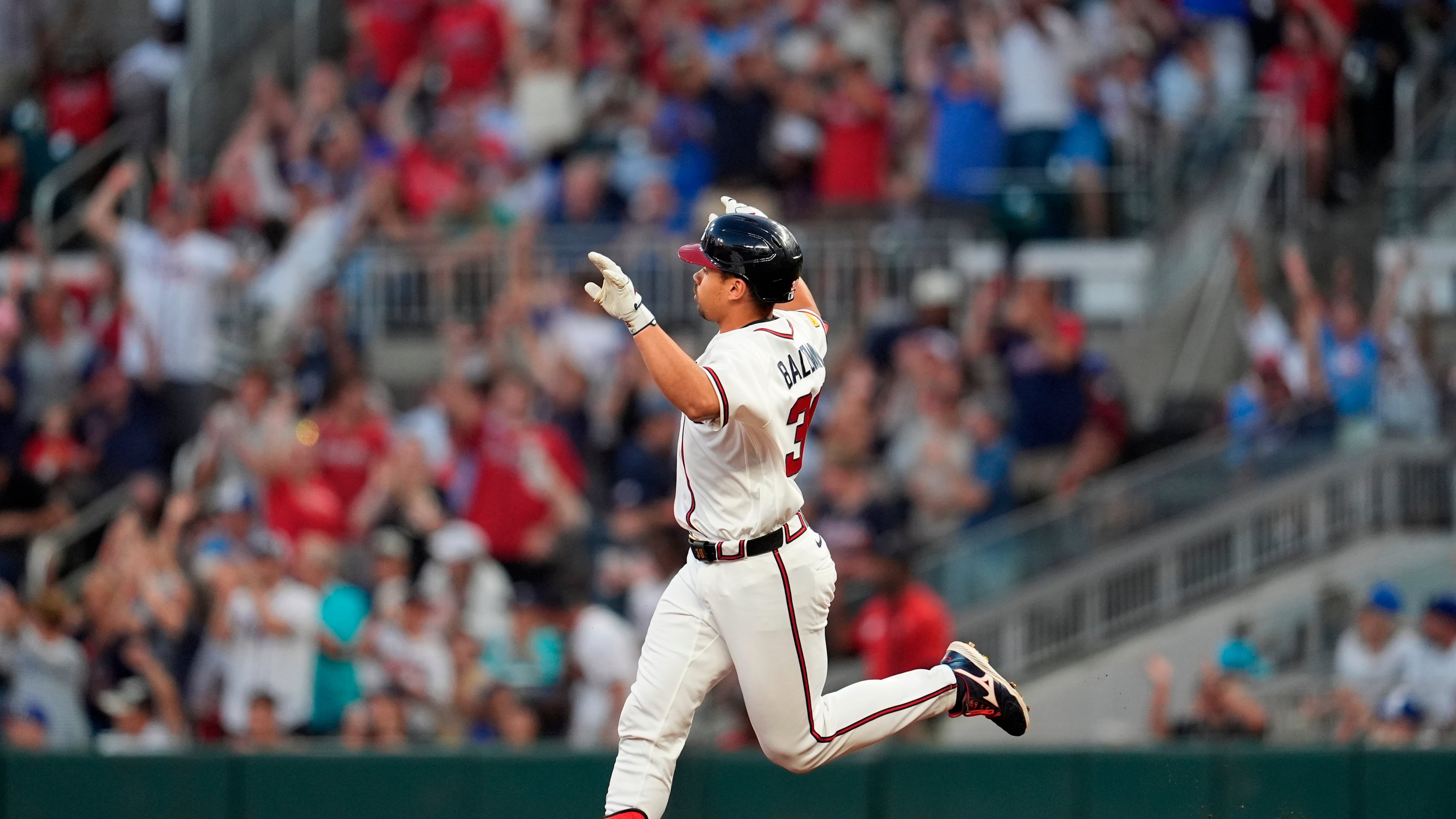 Atlanta Braves' Drake Baldwin celebrates his a solo homer in the fourth inning of a baseball game against the Chicago Cubs, Wednesday, May 13, 2026, in Atlanta. (AP Photo/Mike Stewart)