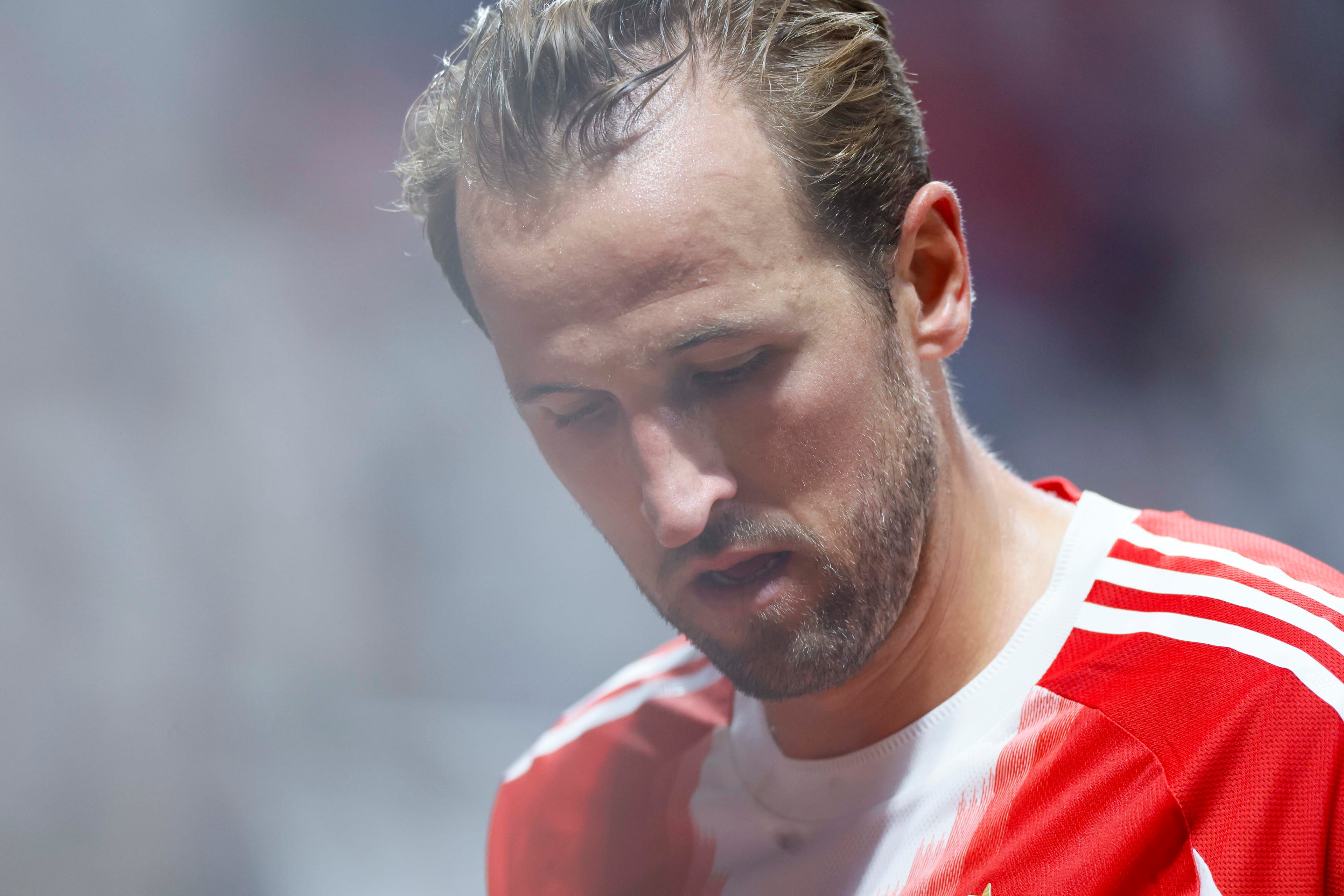 Bayern Munich forward Harry Kane (9) looks down as he leaves the field after his team lost against Paris Saint-Germain 2-0 during Club World Cup quarterfinal soccer match on Saturday, July 5, 2025, in Atlanta.
(Miguel Martinez/ AJC)