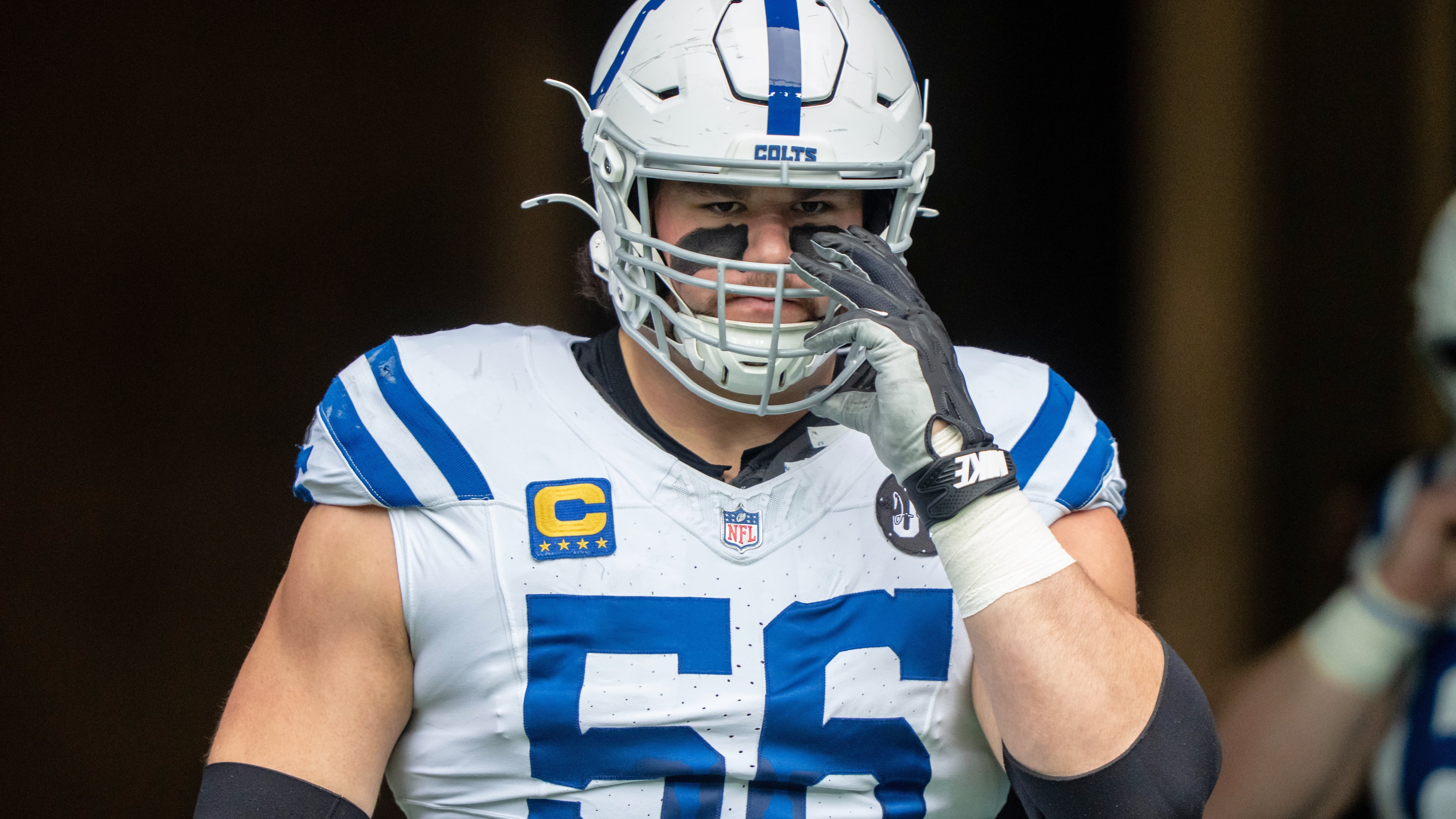 FILE - Indianapolis Colts offensive lineman Quenton Nelson looks on before an NFL football game against the Seattle Seahawks, Sunday, Dec. 14, 2025, in Seattle. (AP Photo/Stephen Brashear, File)