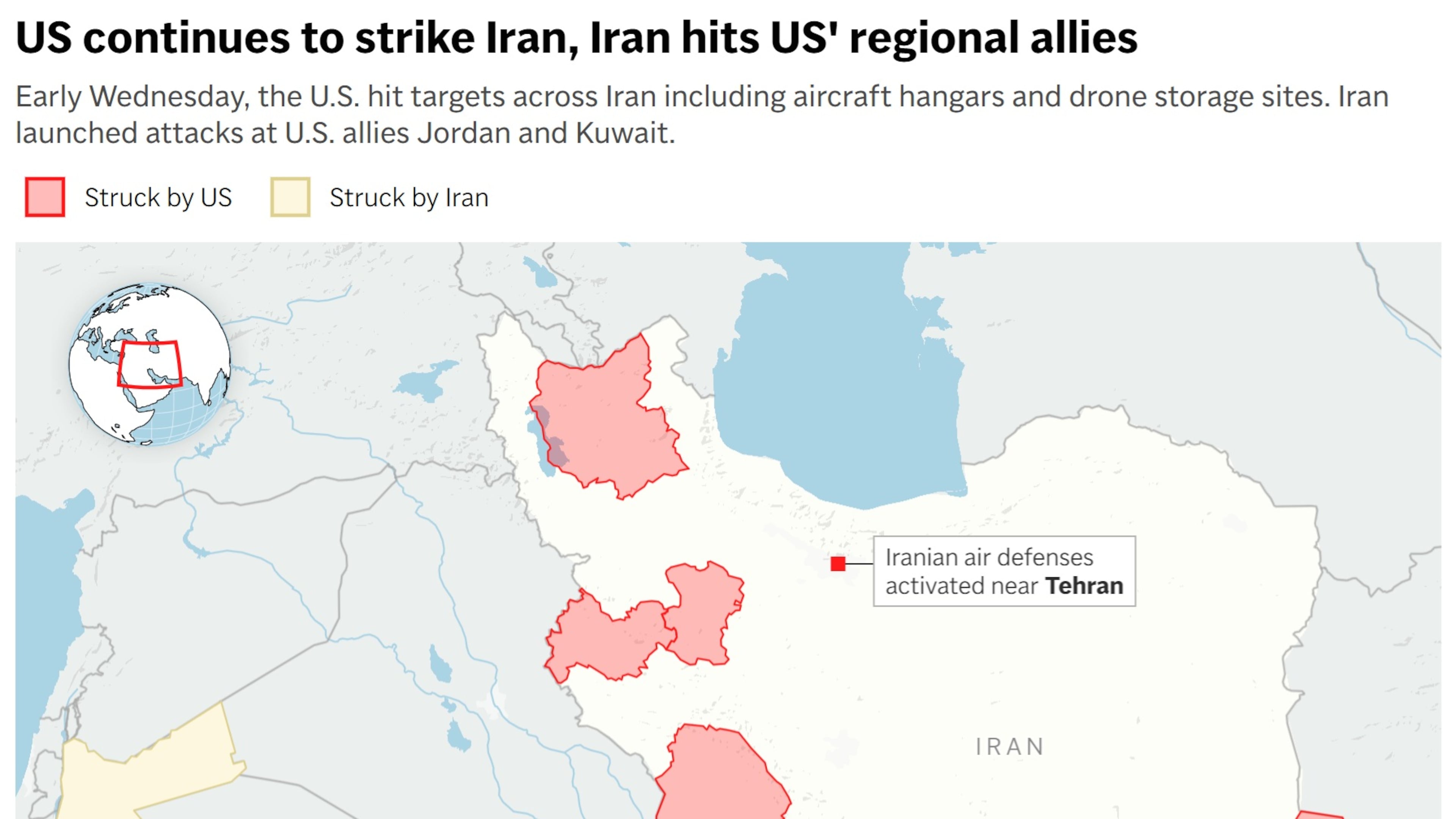 A map showing strikes in and around Iran early Wednesday. (AP Digital Embed)