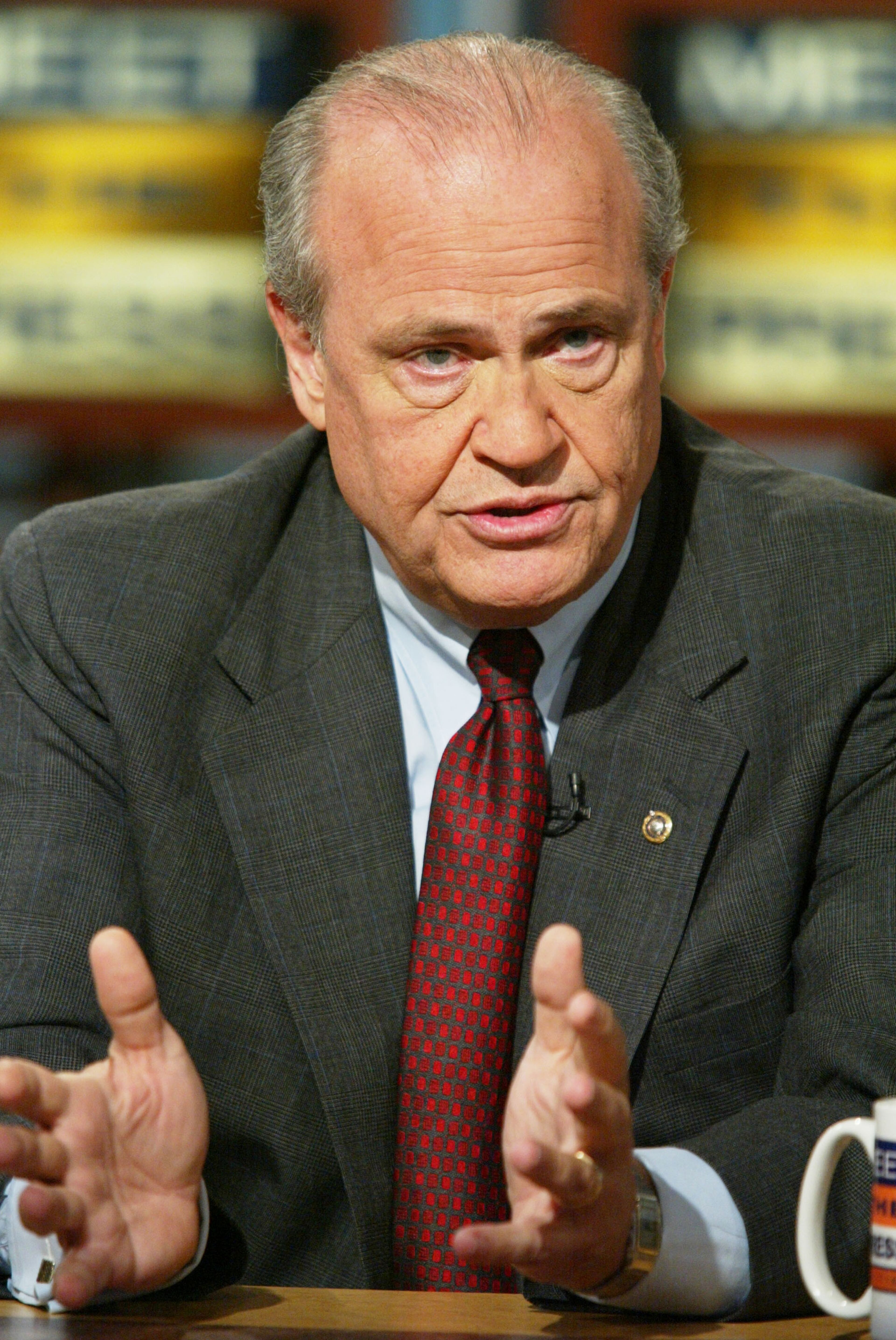 WASHINGTON - SEPTEMBER 1: U.S. Sen. Fred Thompson (R-TN) gestures as he speaks on NBC's 'Meet the Press' during a taping September 1, 2002 at the NBC studios in Washington, DC. Sen. Thompson spoke about whether or not the U.S. should strike Iraq. (Photo by Alex Wong/Getty Images)