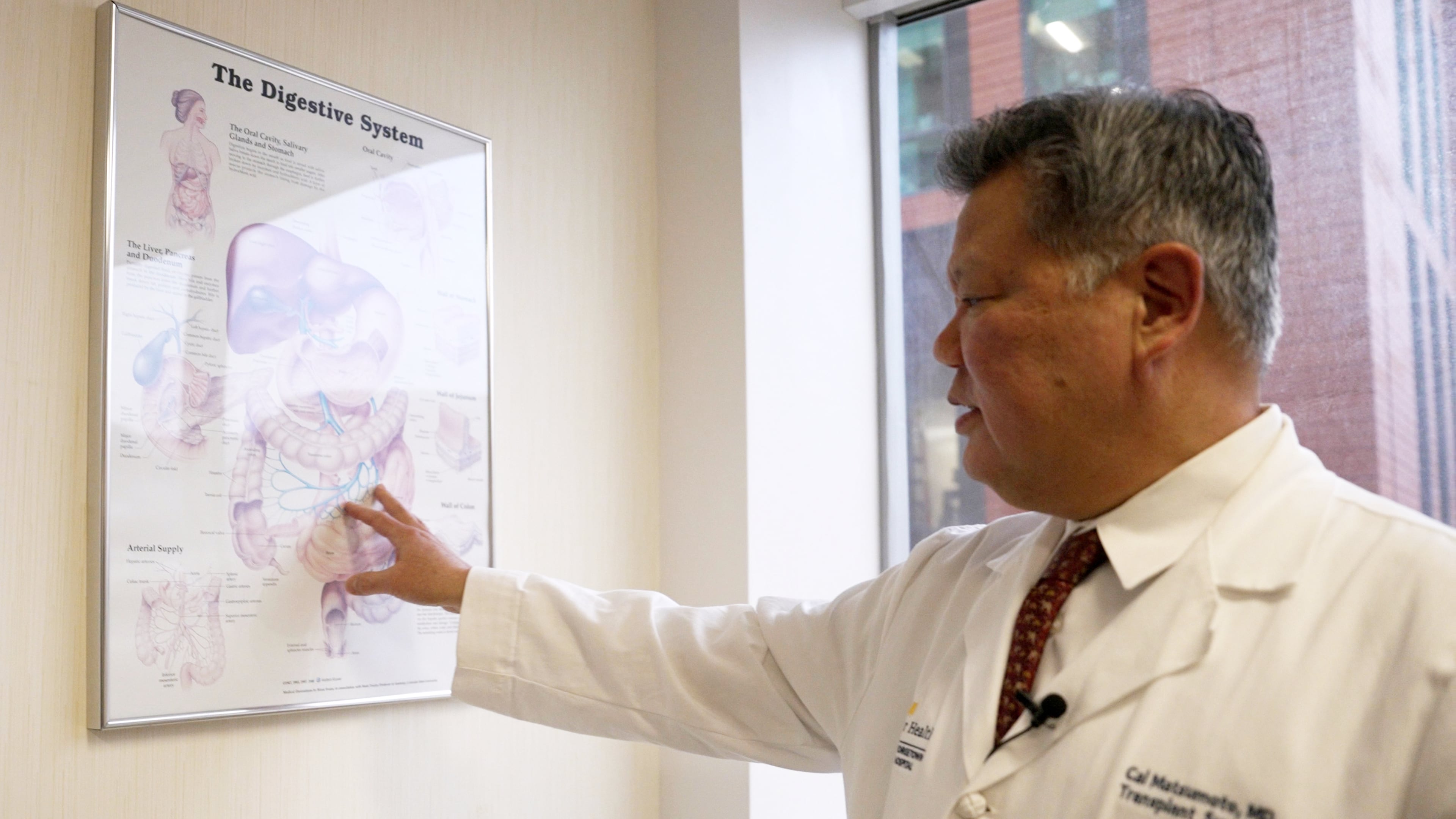 Dr. Cal Matsumoto, a MedStar Georgetown University Hospital transplant surgeon, gestures to a chart on the digestive system on March 4, 2026, in Washington. (AP Photo/Shelby Lum)