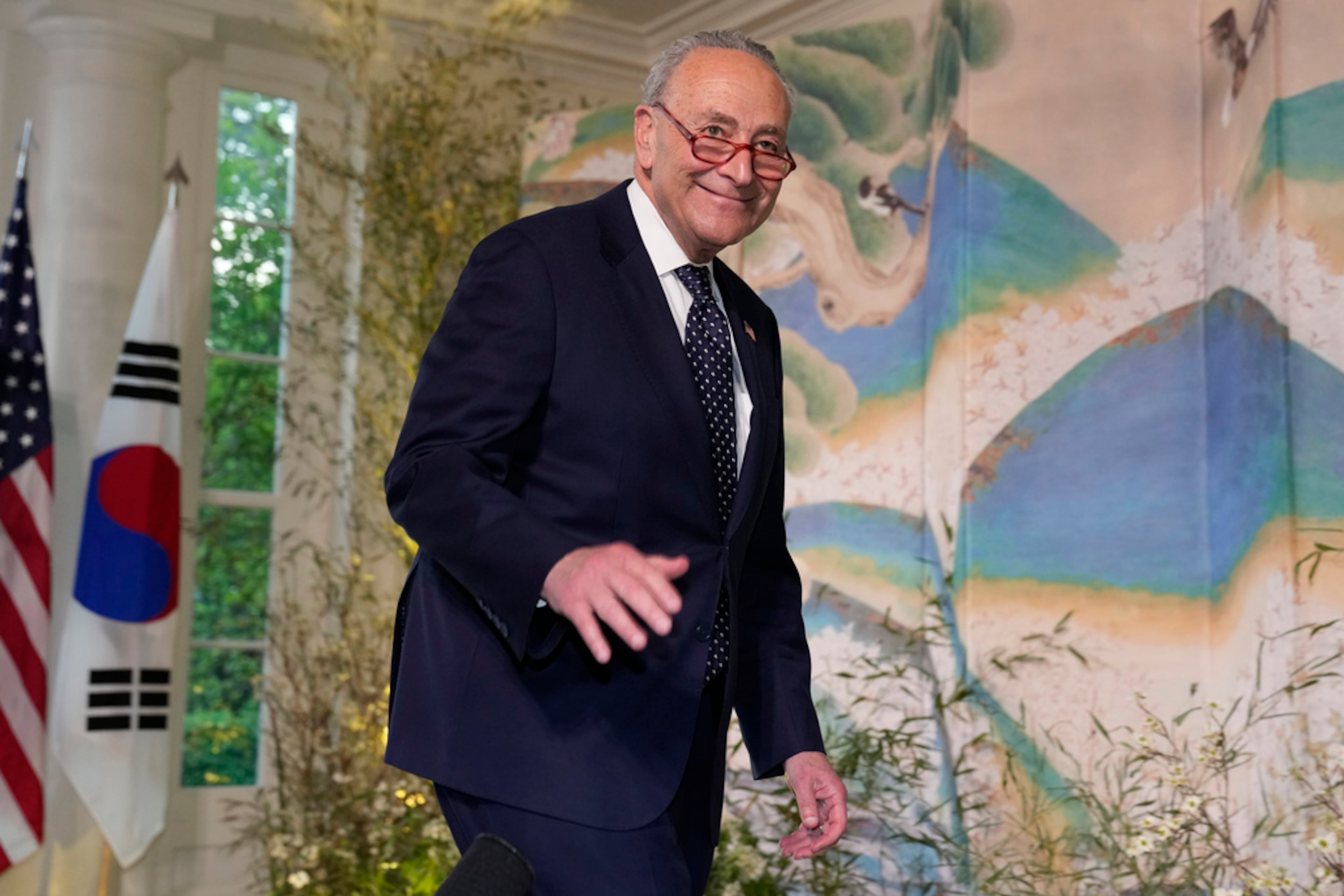 Senate Majority Leader Chuck Schumer of N.Y., arrives for the State Dinner with President Joe Biden and the South Korea's President Yoon Suk Yeol at the White House, Wednesday, April 26, 2023, in Washington. (AP Photo/Alex Brandon)